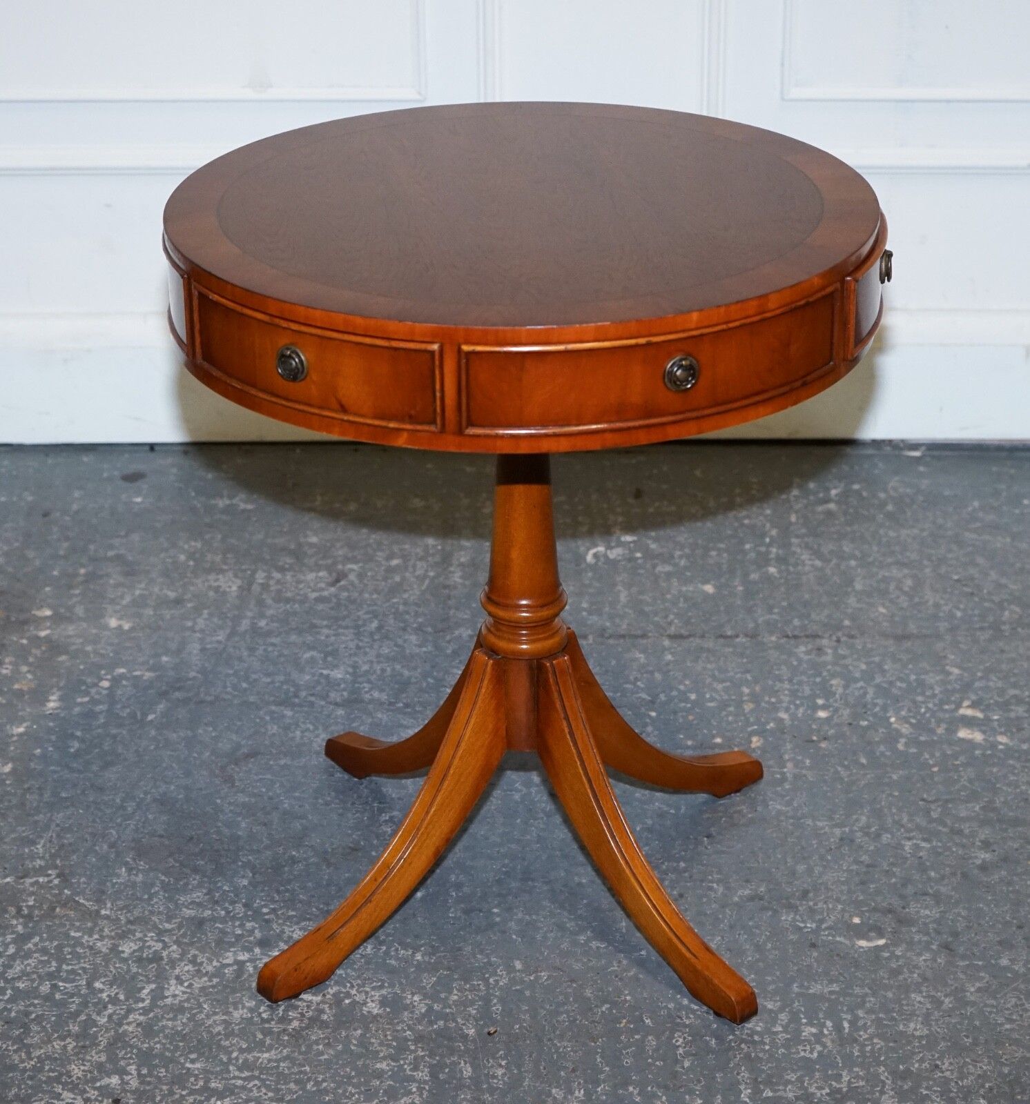 Vintage Yew Wood Circular Drum End Side Lamp Table photo for sale