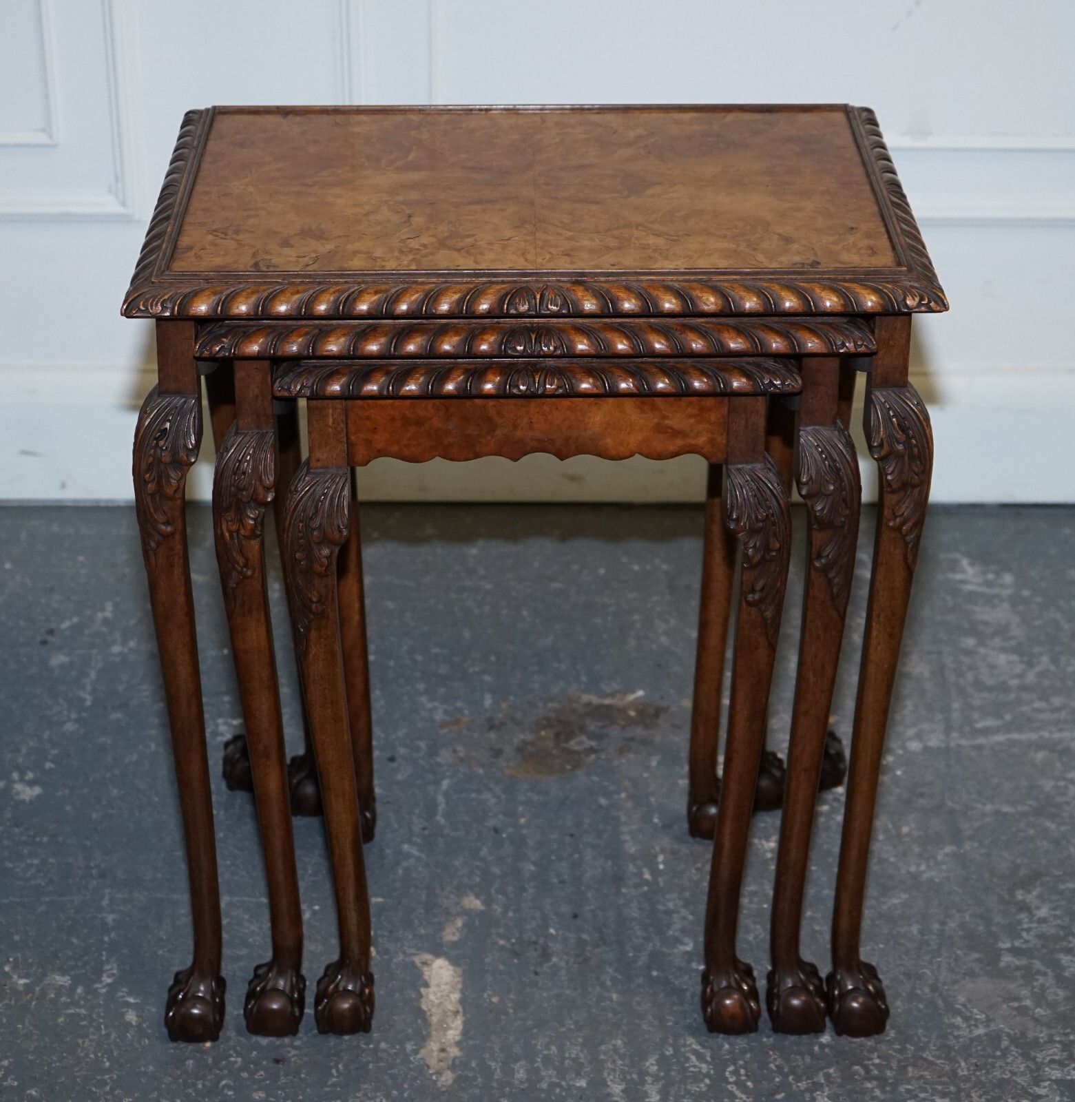 Stunning Burr Walnut Nest Of  Three Tables Carved Claw & Ball Feet photo Furniture