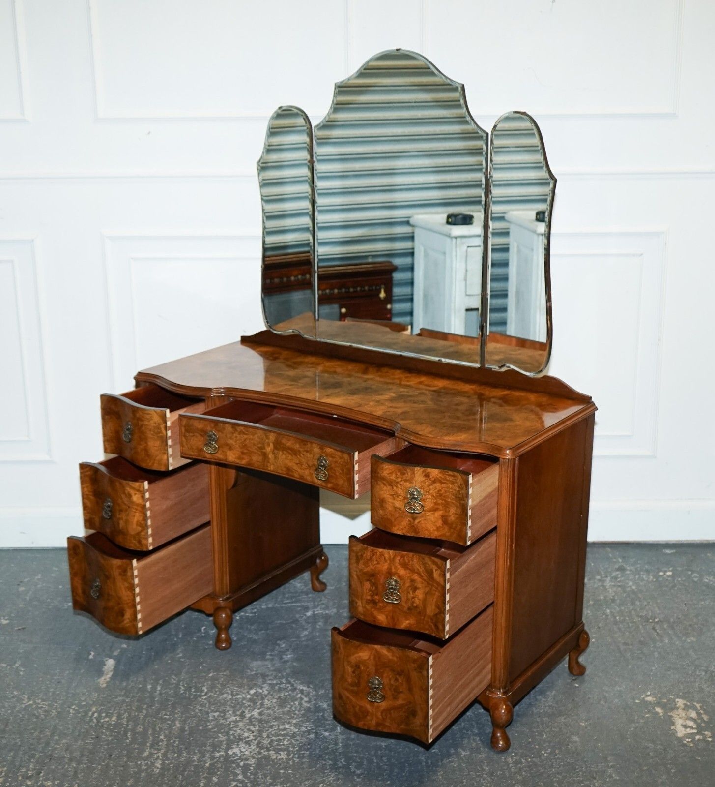 Antique 1920's Burr Walnut Art Deco Dressing Table With Plenty Of Drawers photo for sale