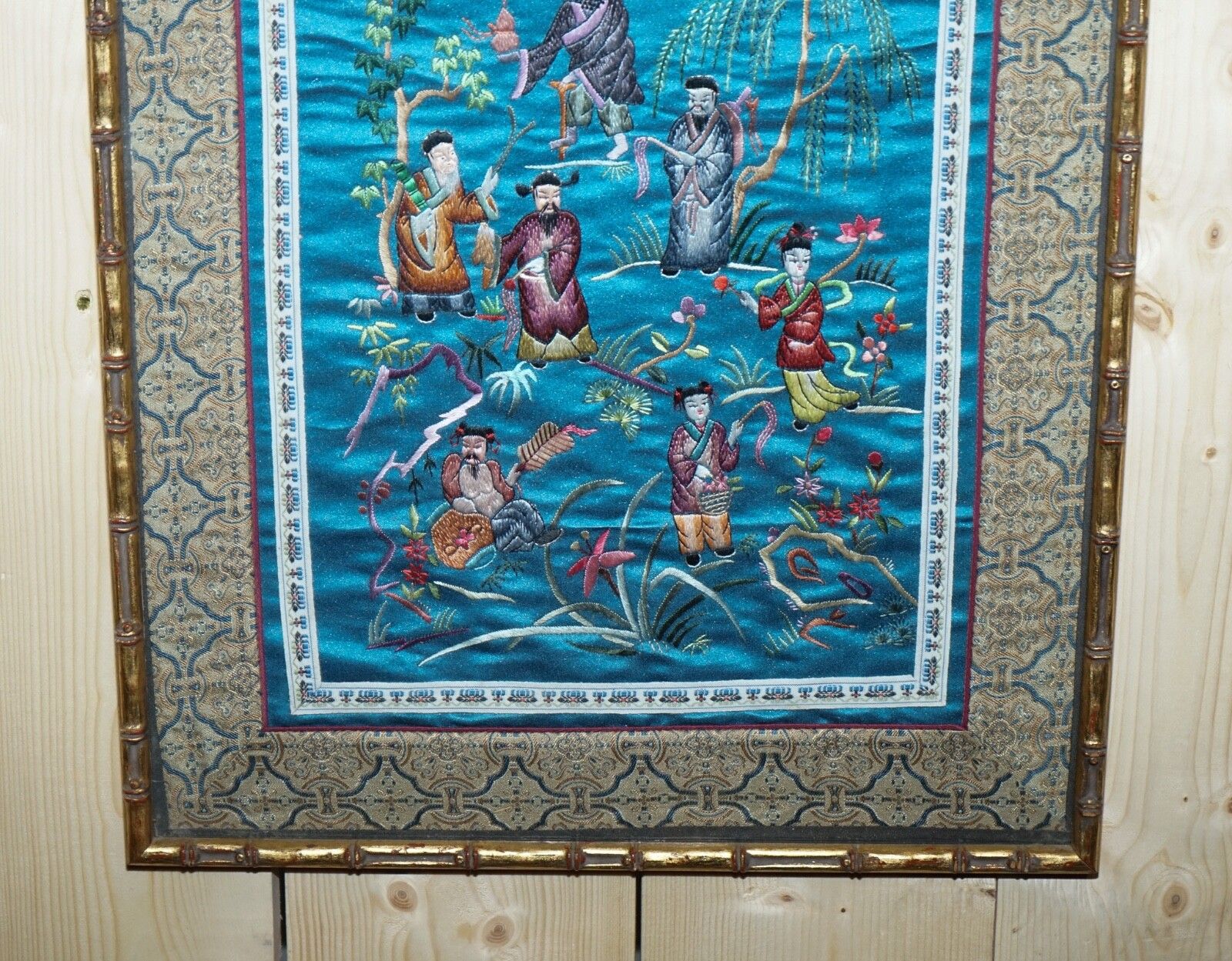 photo for sale Vintage Chinese Hand Embroidered Silk Tapestry Panel In Faux Gilt Bamboo Frame