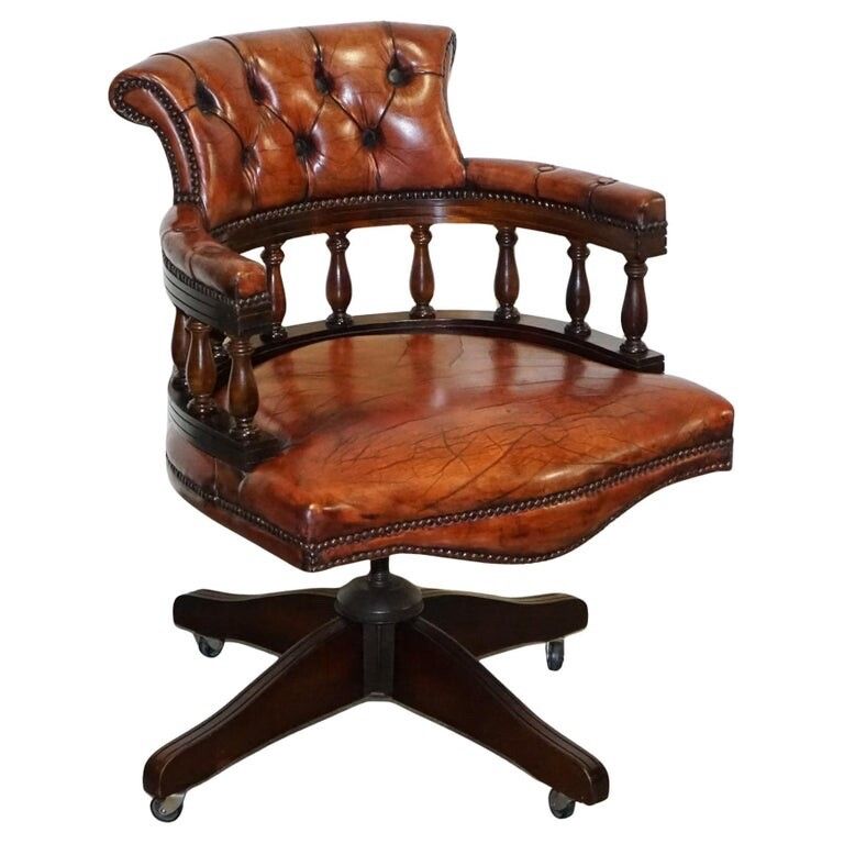 Antique Hand Dyed Brown Leather Chesterfield Captains Office Swivel Armchair
