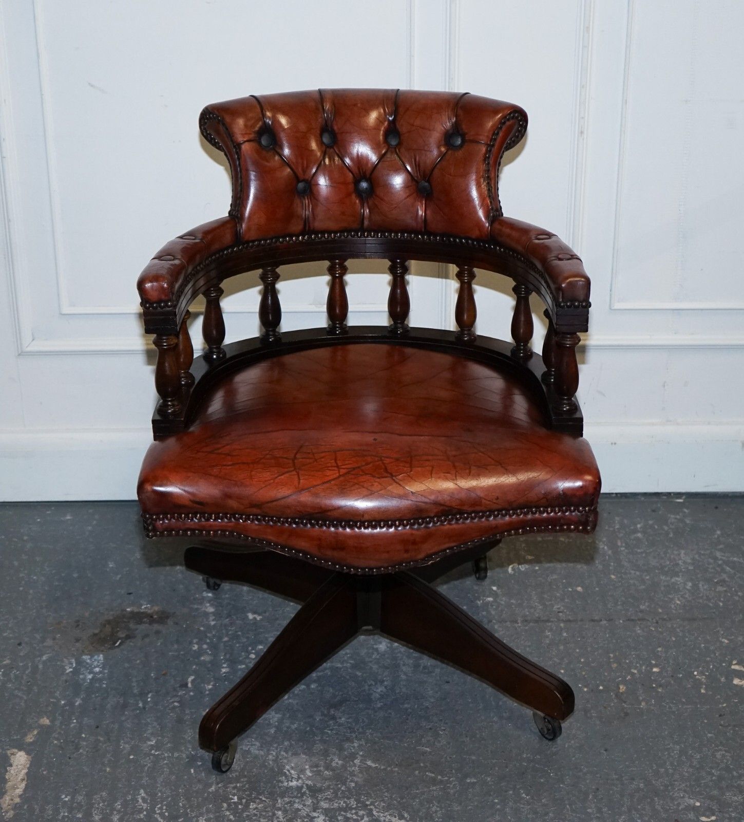 Antique Hand Dyed Brown Leather Chesterfield Captains Office Swivel Armchair photo Furniture