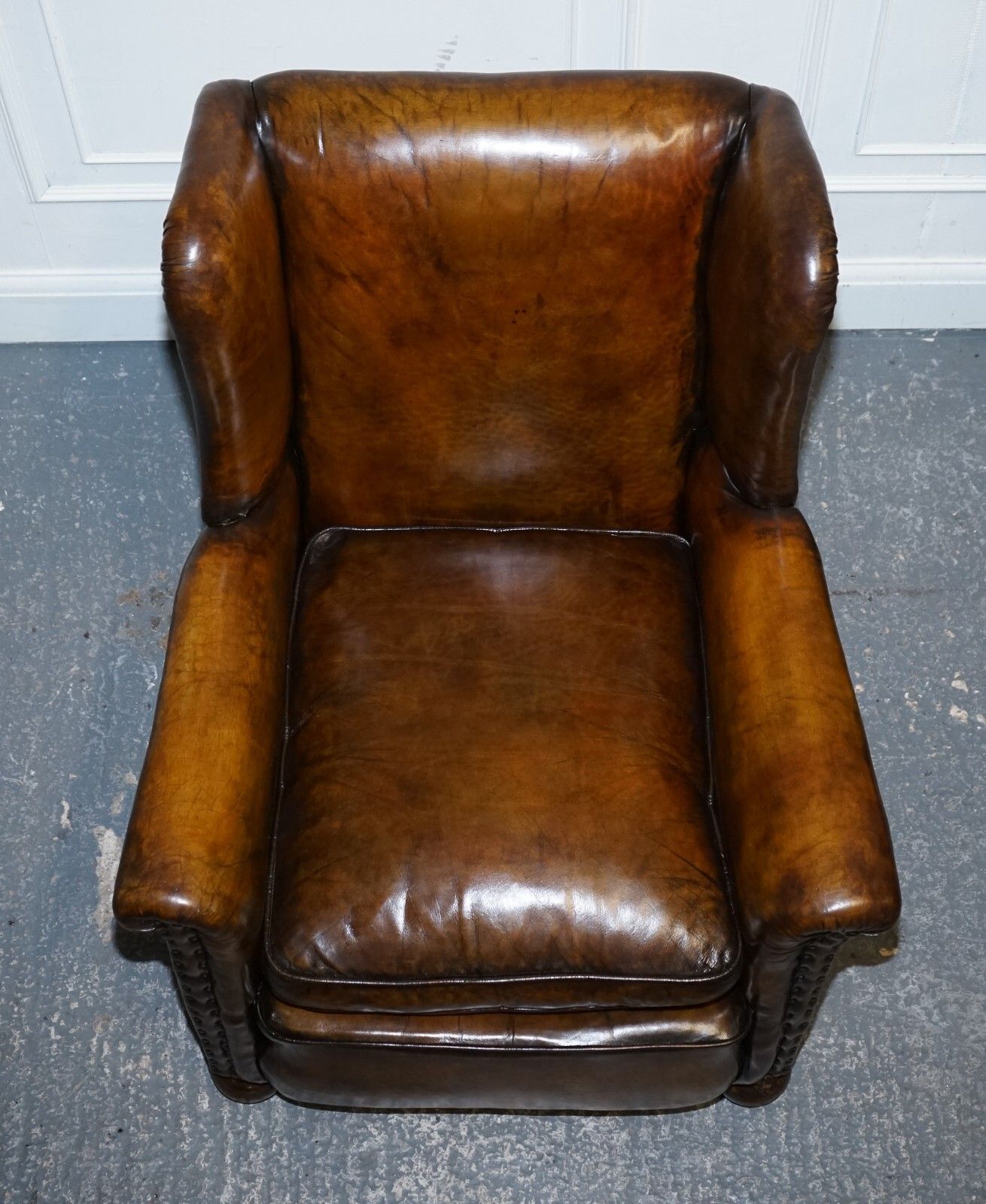 Stunning Early Victorian Hand Dyed Brown Leather Reading Lounge Armchair photo vintage