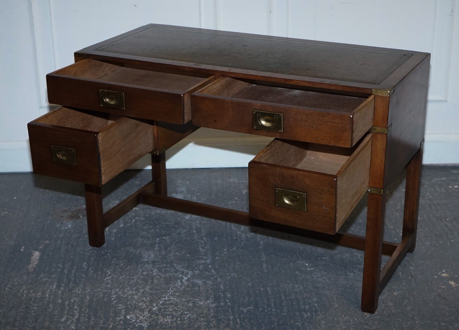 Vintage Harrods London Kennedy Military Campaign Leather Top Writing Table Desk photo Furniture