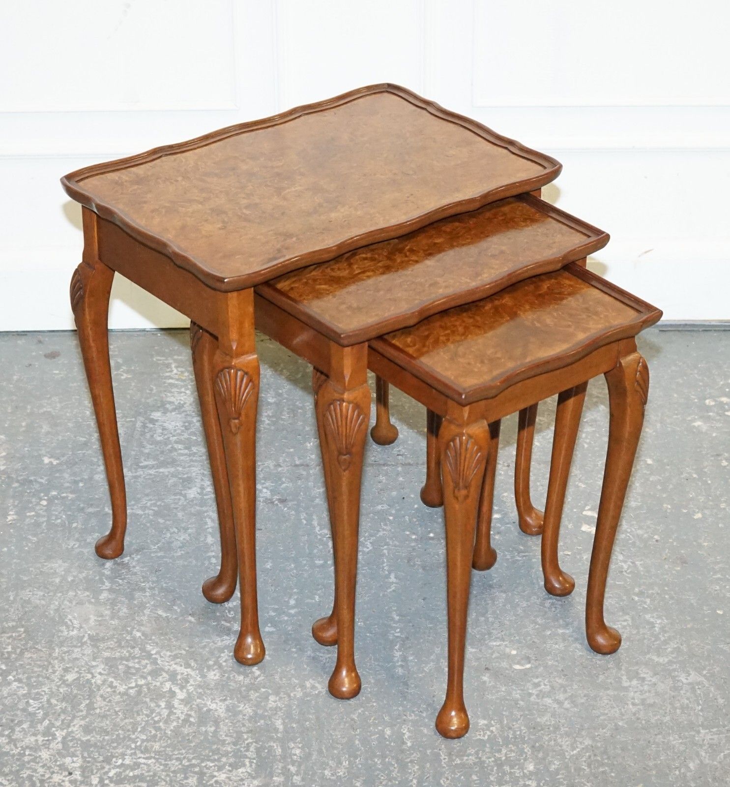 1920 Art Deco Burr Walnut Nest Of Three Tables Queen Anne Legs photo furniture