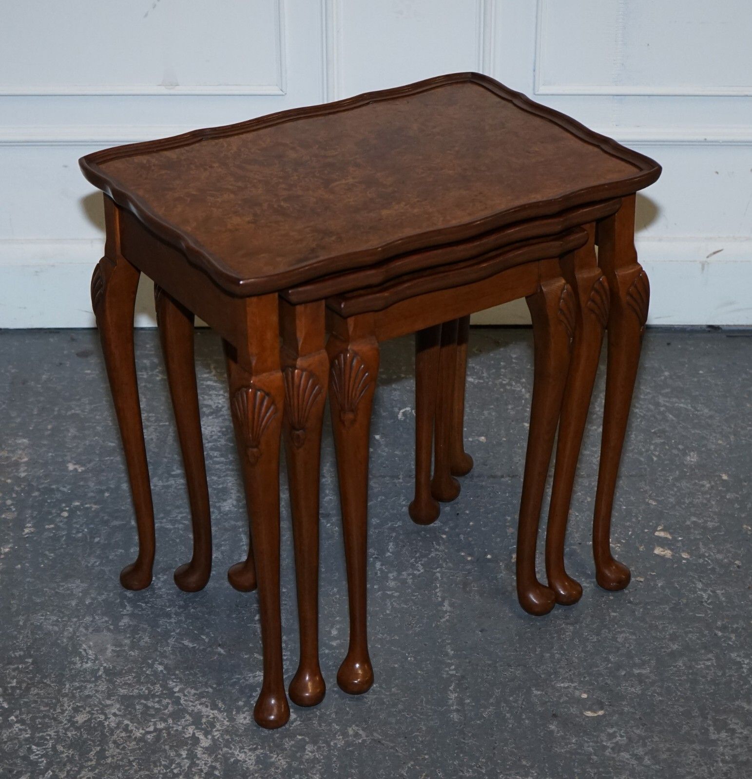 1920 Art Deco Burr Walnut Nest Of Three Tables Queen Anne Legs photo for sale