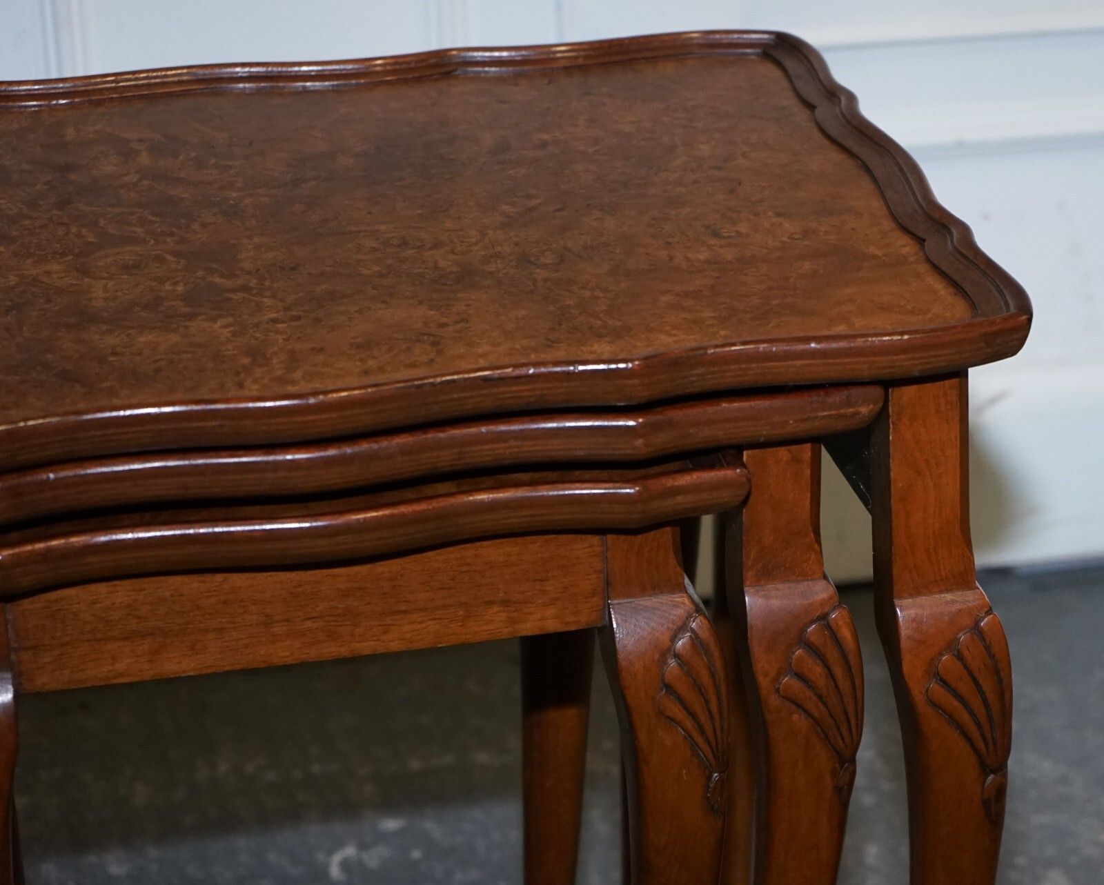 1920 Art Deco Burr Walnut Nest Of Three Tables Queen Anne Legs photo buy