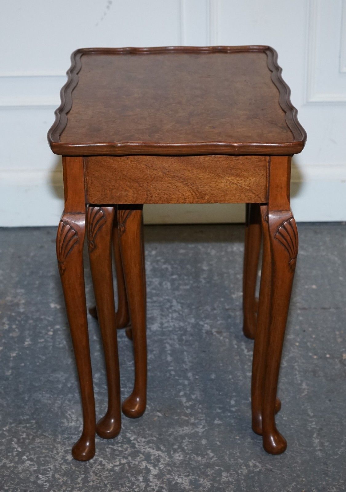 1920 Art Deco Burr Walnut Nest Of Three Tables Queen Anne Legs photo vintage