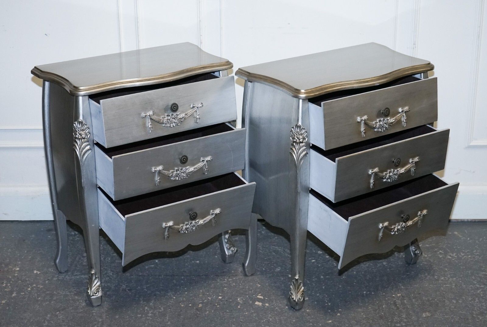 Lovely French Grey Silver Baroque Style 3 Drawer Bedside Tables Chest Of Drawers photo furniture