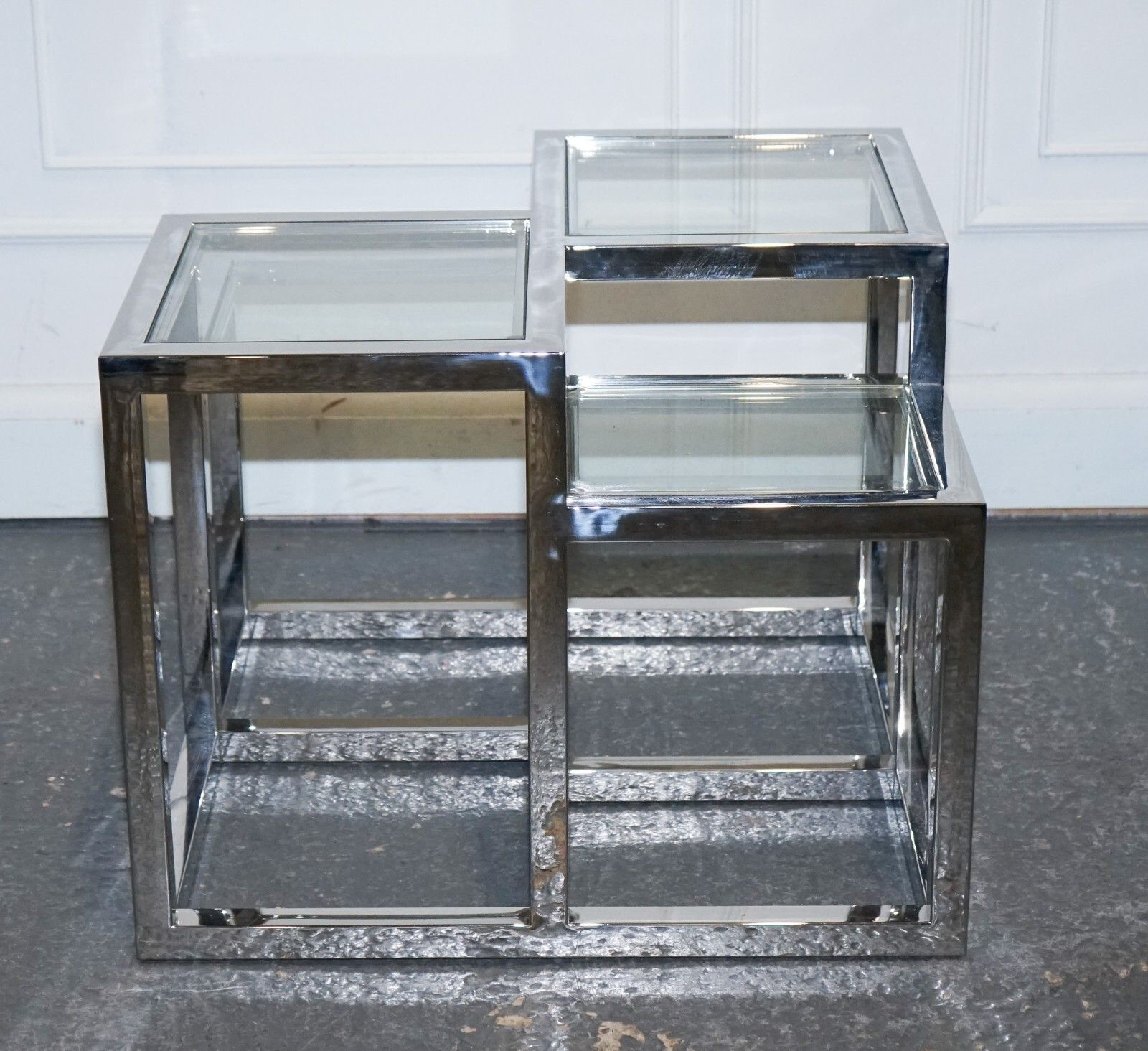 Pair Of Casa Padrino Art Deco Style Glass Polished Stainless Steel Side Tables photo for sale