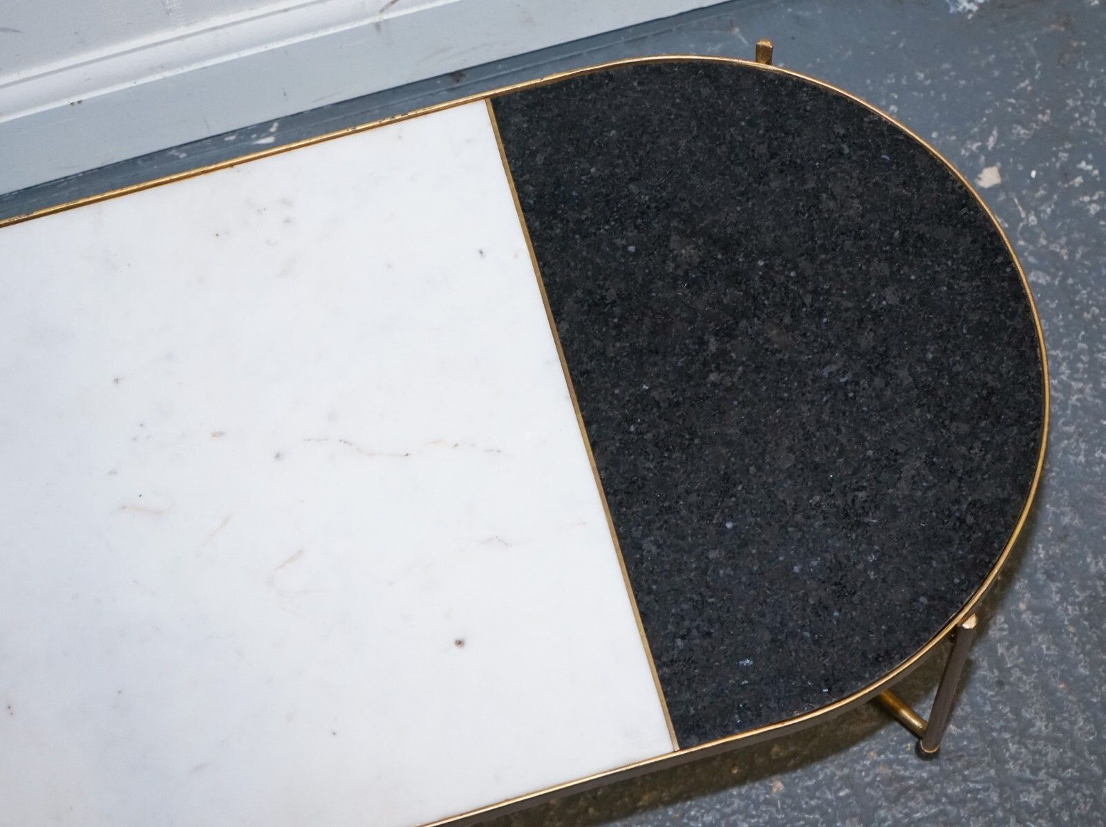 photo vinterior Contemporary Italian Two Tone Marble & Limestone Coffee Table On Metal Gold Legs