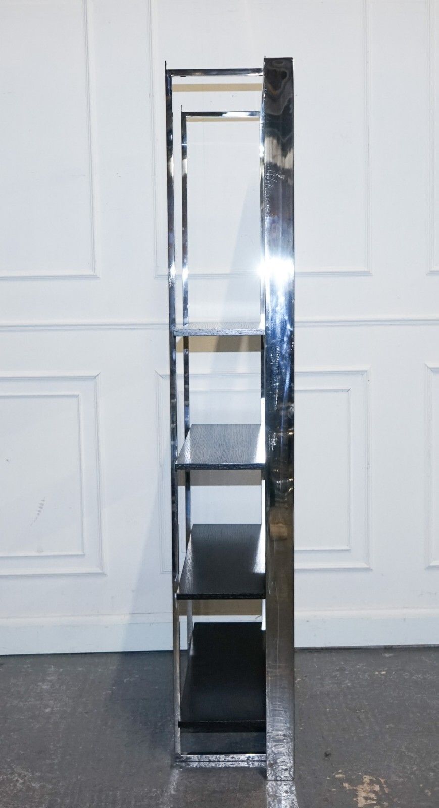 photo for sale Polished Stainless Steel Black And Silver Art Deco Style Bookcase Shelf Display