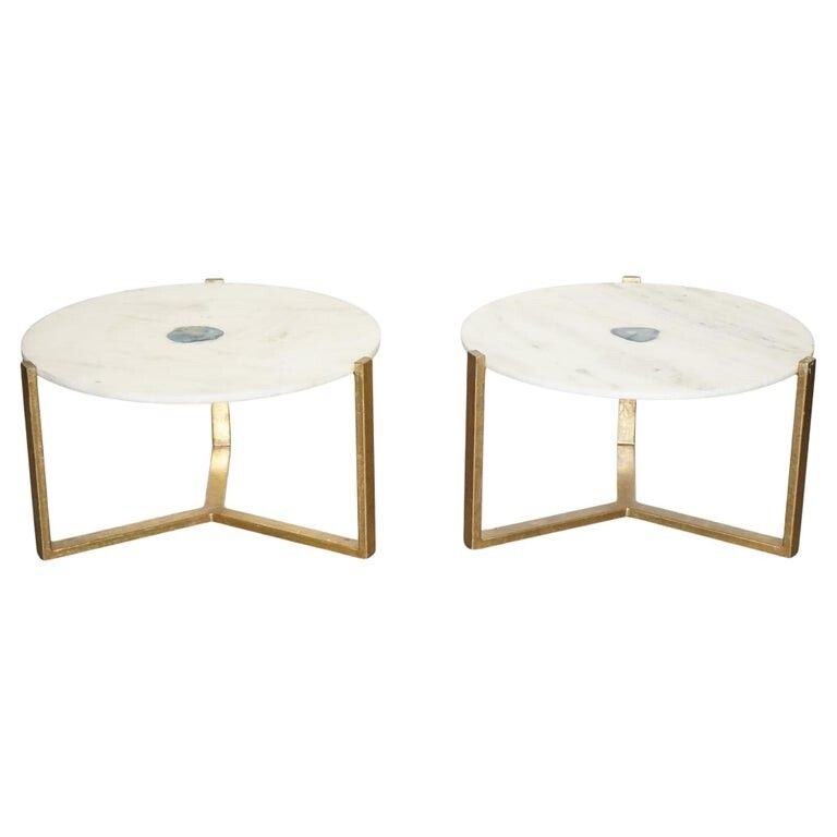 Stunning Ex Showroom Marble Iron & Blue Agate Stone Side Coffee Tables