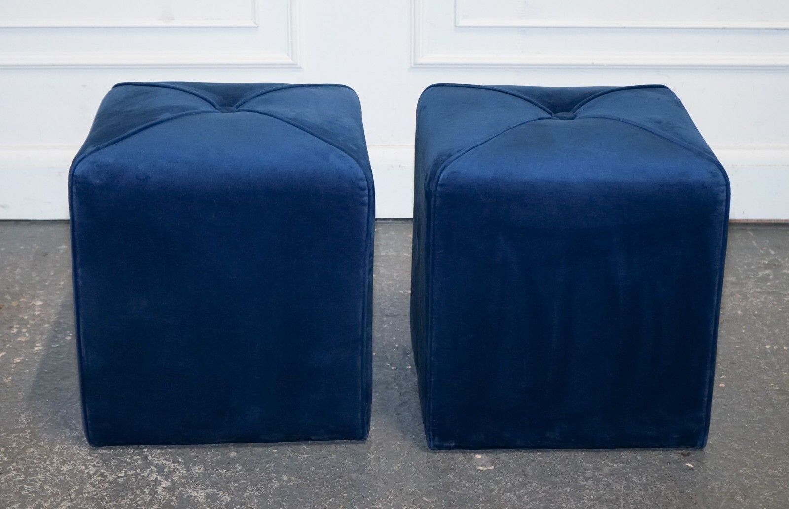 Ex Showroom Art Deco Style Pair Of Blue Velvet Touch Fabric Blue Stools photo vinterior