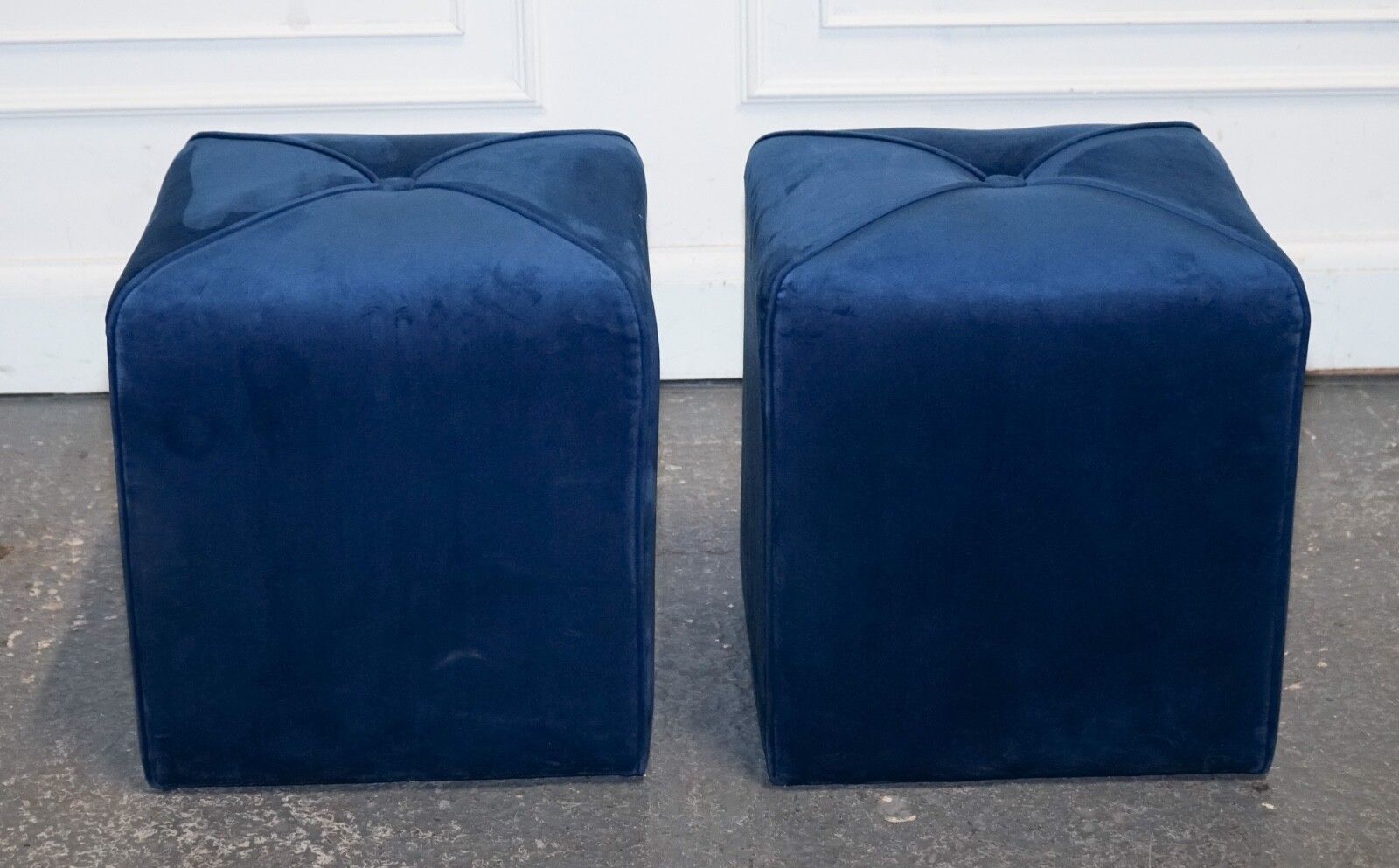 216.0 Ex Showroom Art Deco Style Pair Of Blue Velvet Touch Fabric Blue Stools photo