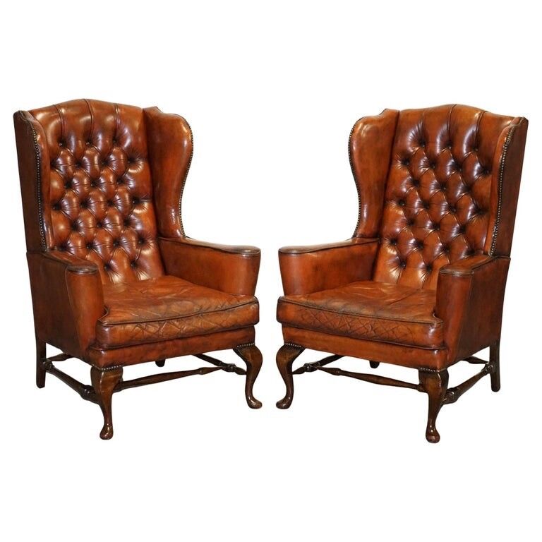 Pair Of William Morris Flat Arm Chesterfield Wingback Bordeaux Armchairs