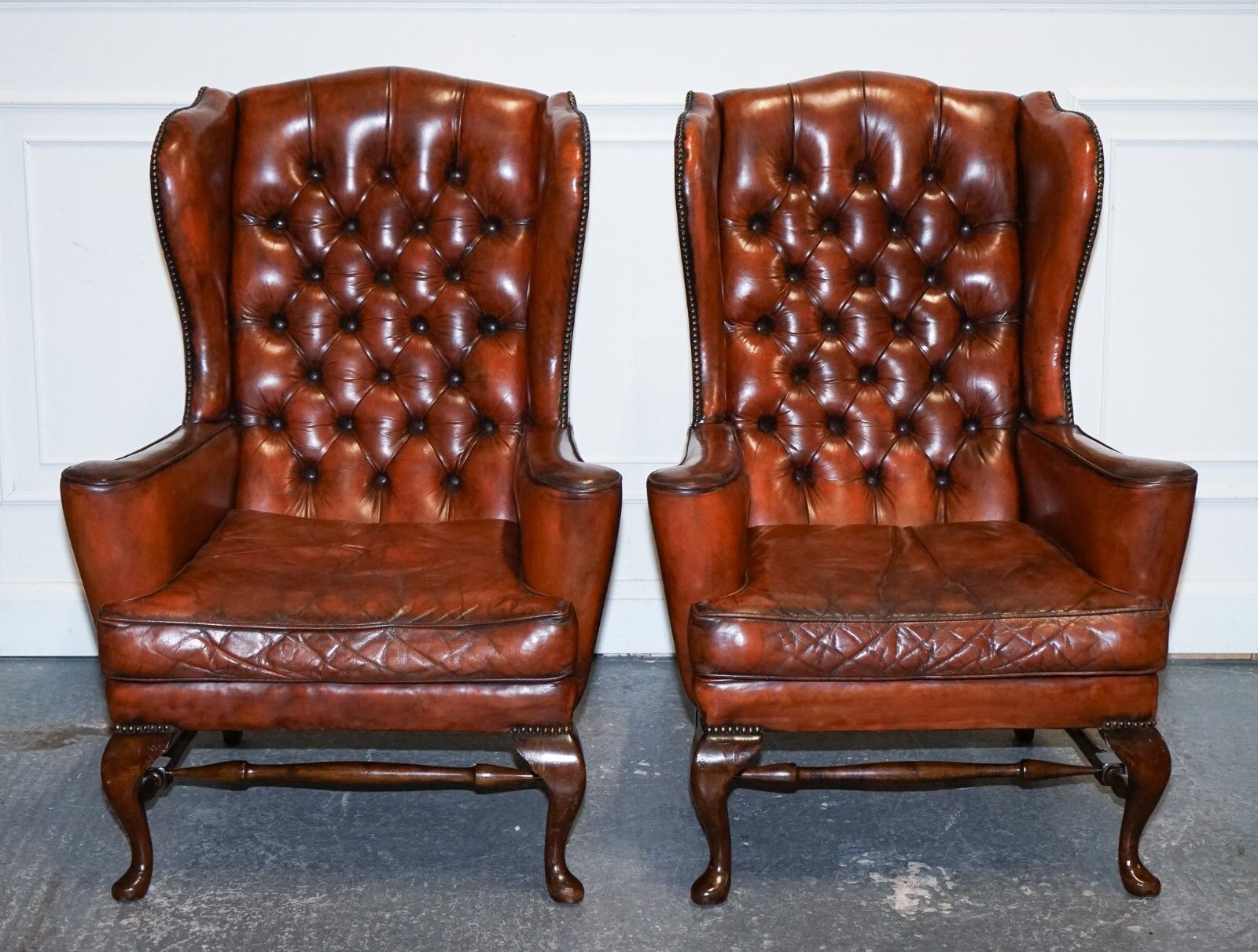 Pair Of William Morris Flat Arm Chesterfield Wingback Bordeaux Armchairs photo for sale