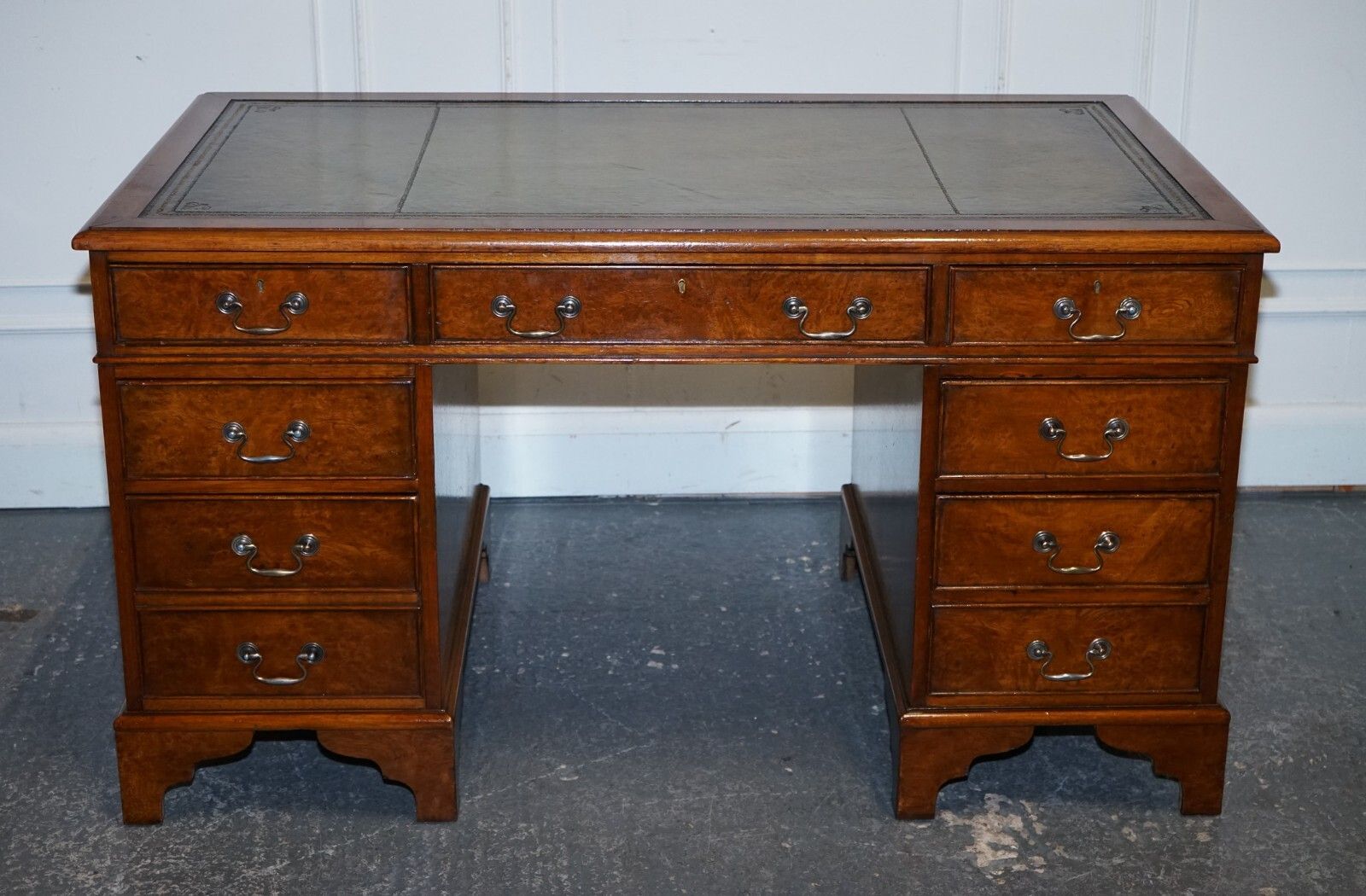 One Of A Kind Restored Victorian Burr Walnut Hand Dyed Leather Pedestal Desk photo vinterior
