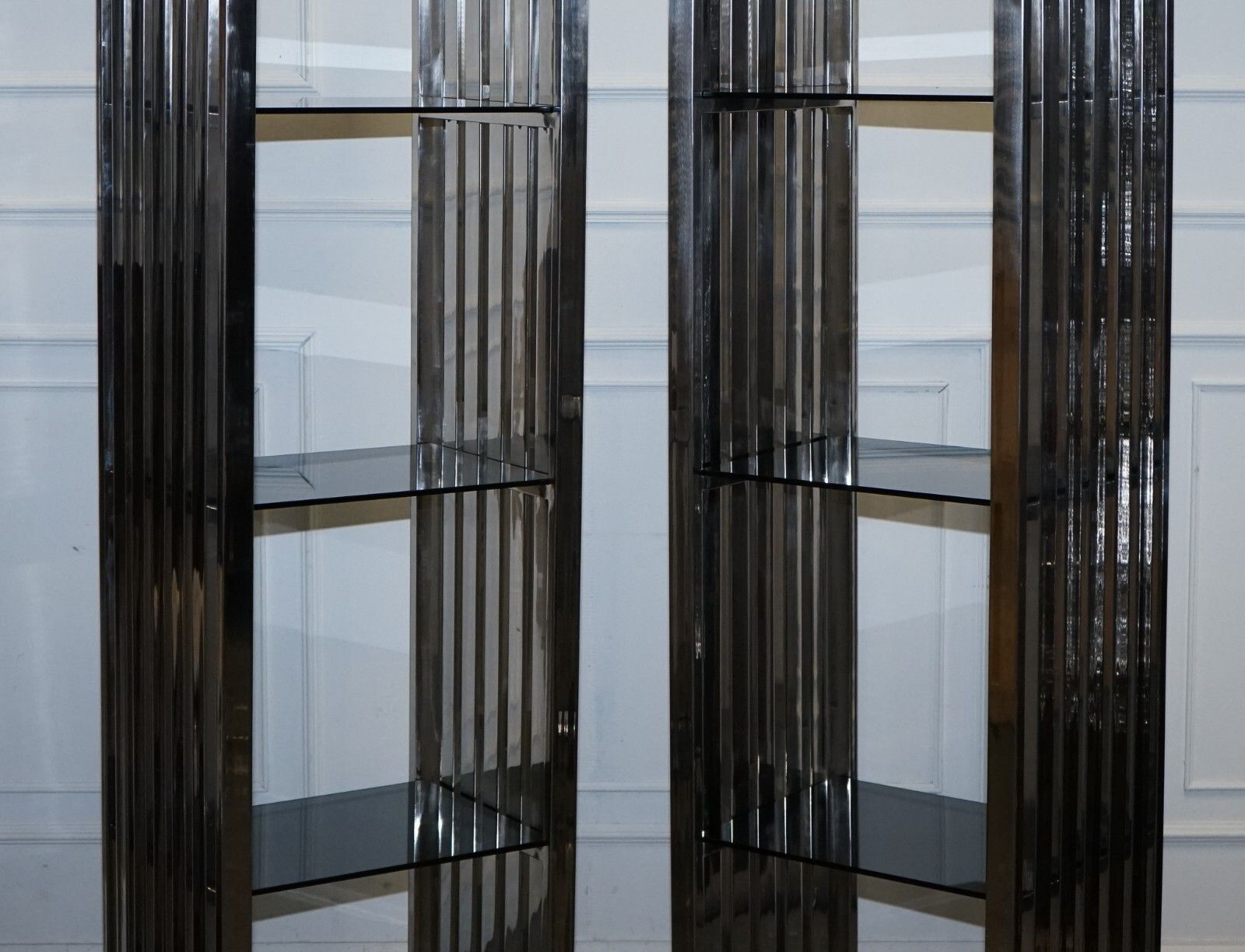 Stunning Casa Padrino Stainless Steel Pair Of Bookcases And Smoked Glass Shelfs photo for sale
