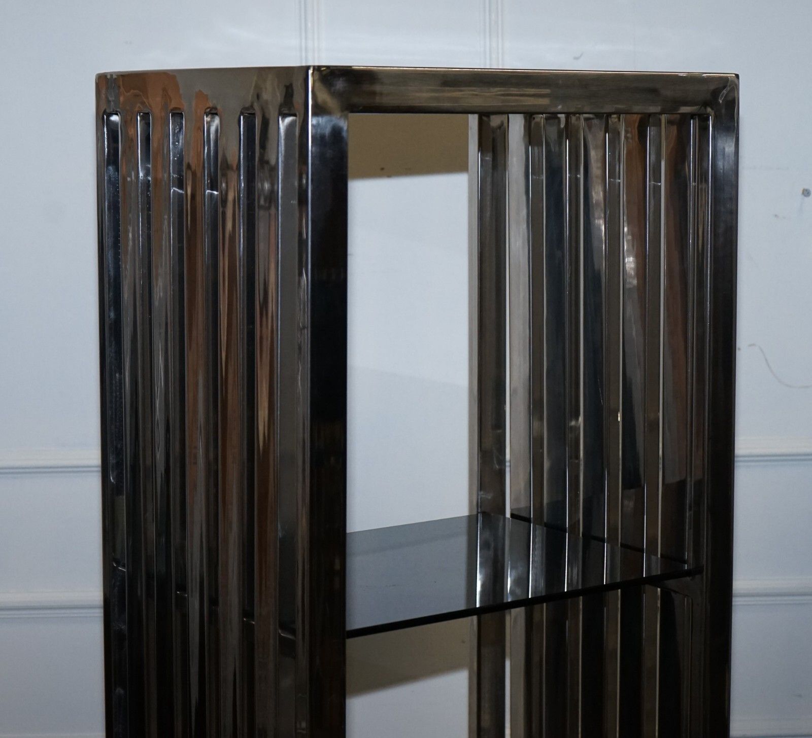 Stunning Casa Padrino Stainless Steel Pair Of Bookcases And Smoked Glass Shelfs photo vintage