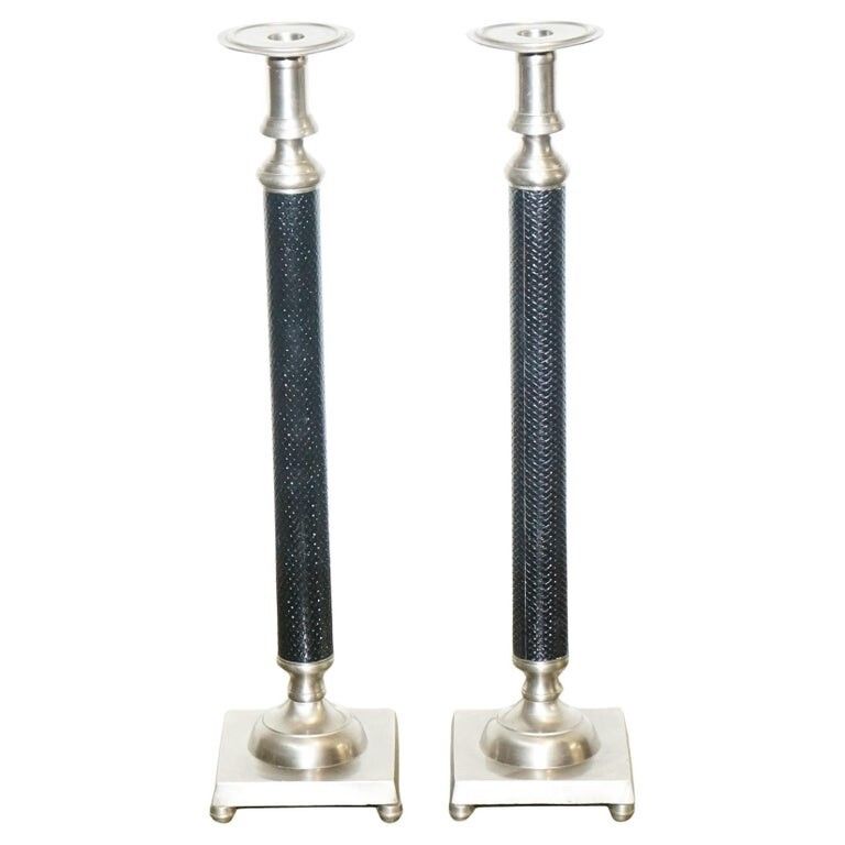 Pair Of Silver Stainless Steel & Black Ralph Lauren Style Candleholders