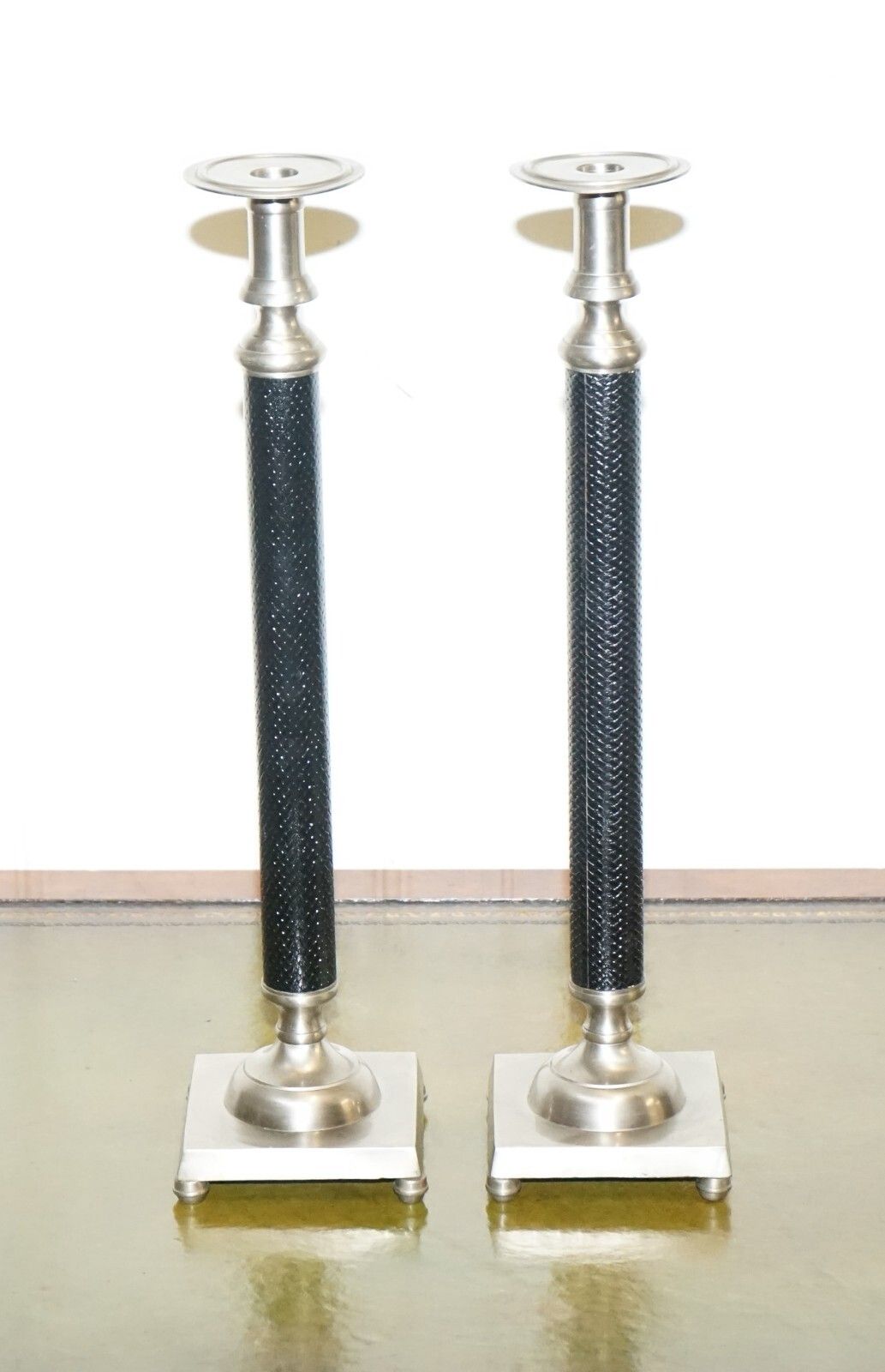 Pair Of Silver Stainless Steel & Black Ralph Lauren Style Candleholders photo furniture