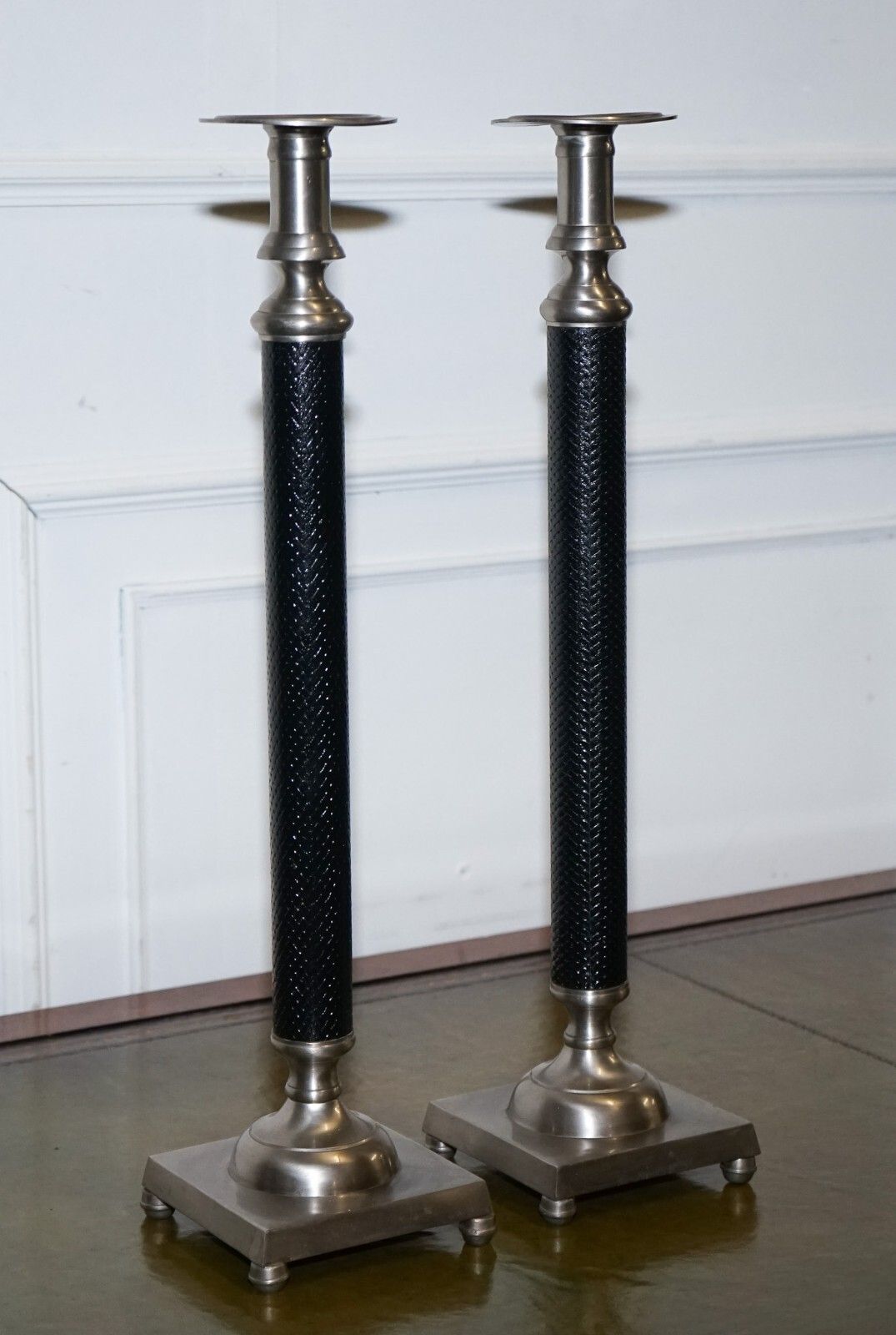 Pair Of Silver Stainless Steel & Black Ralph Lauren Style Candleholders photo Home Decor