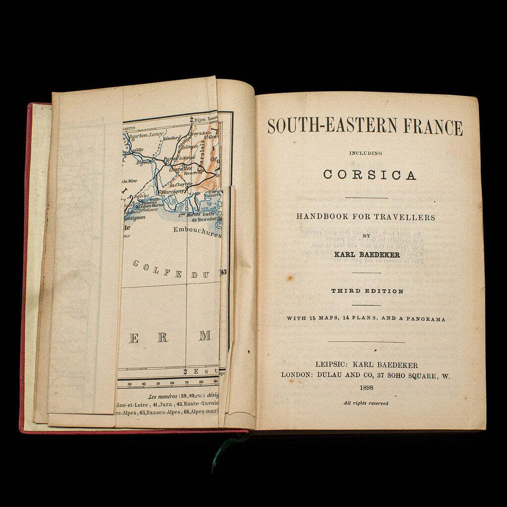 Small Antique Baedeker's South Eastern France Guide Book, Victorian, Travel Maps photo for sale