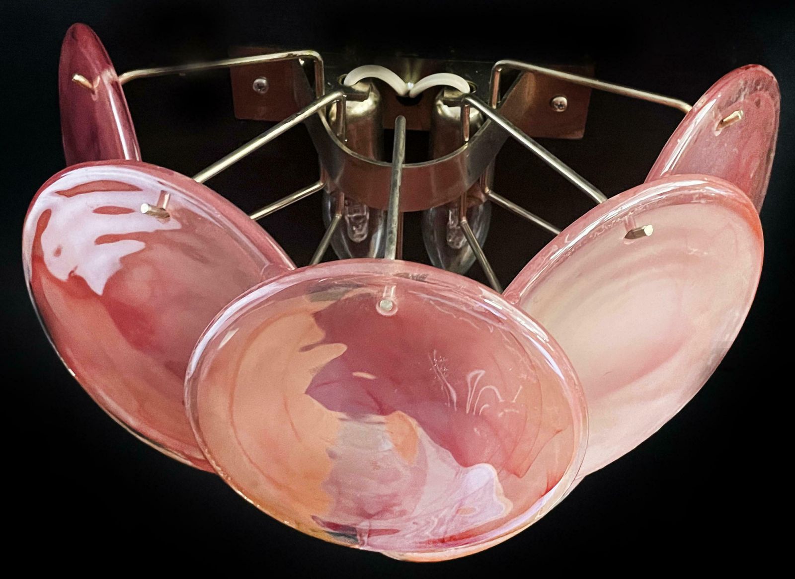photo vinterior Beautiful Pair Of Glass Wall Sconces  10 Iridescent Alabaster Pink Discs