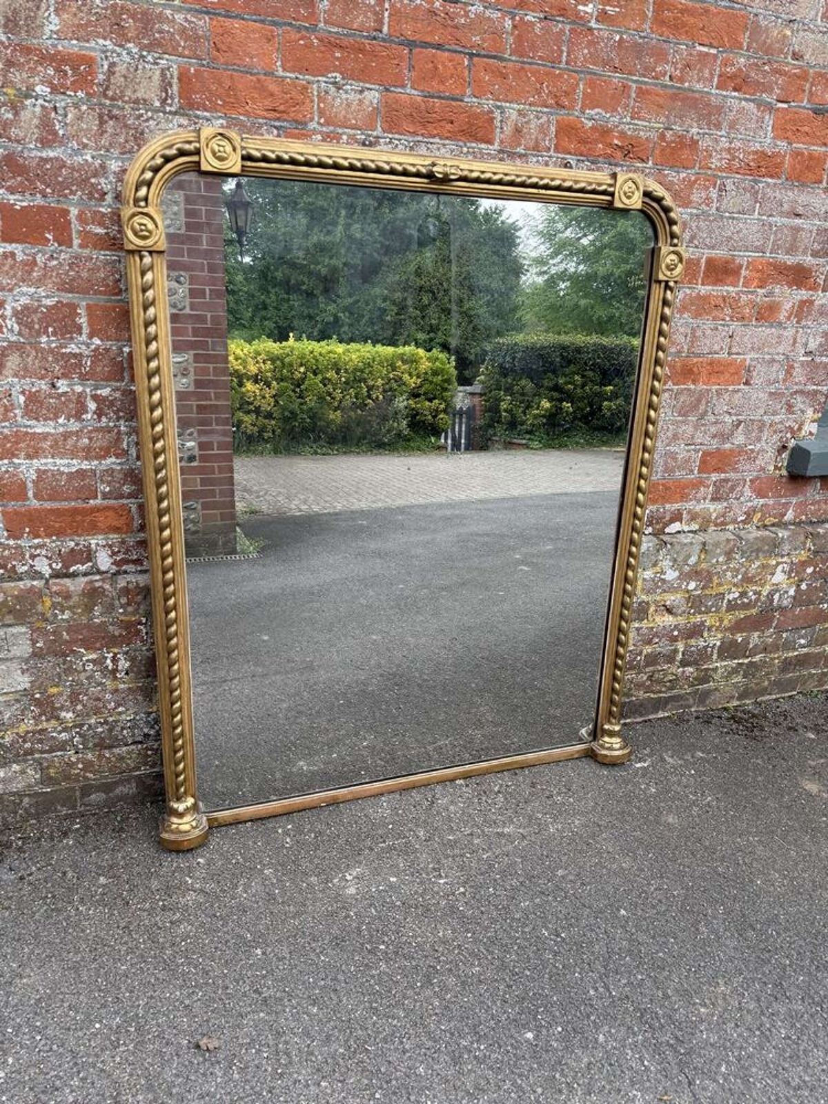 A Stunning Large Antique English 19th C Arched Top Rope Twist Gilt Overmantle Mirror.