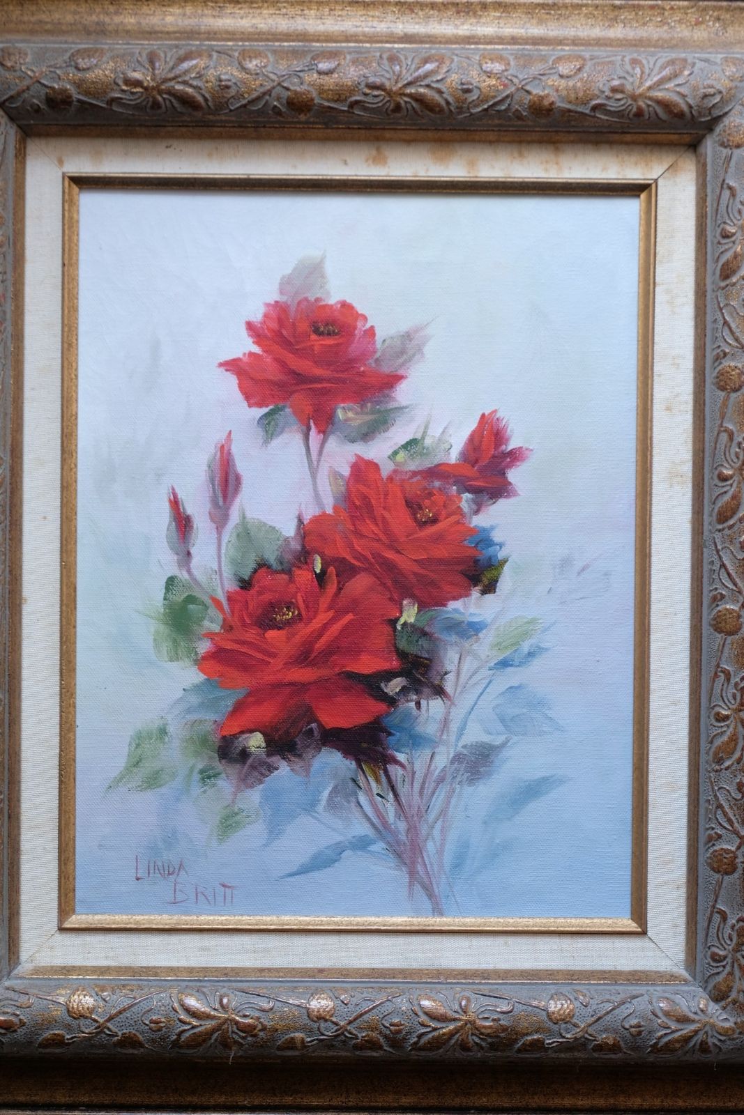 Still Life Of Red Roses Oil On Canvas Signed Linda Britt photo vintage