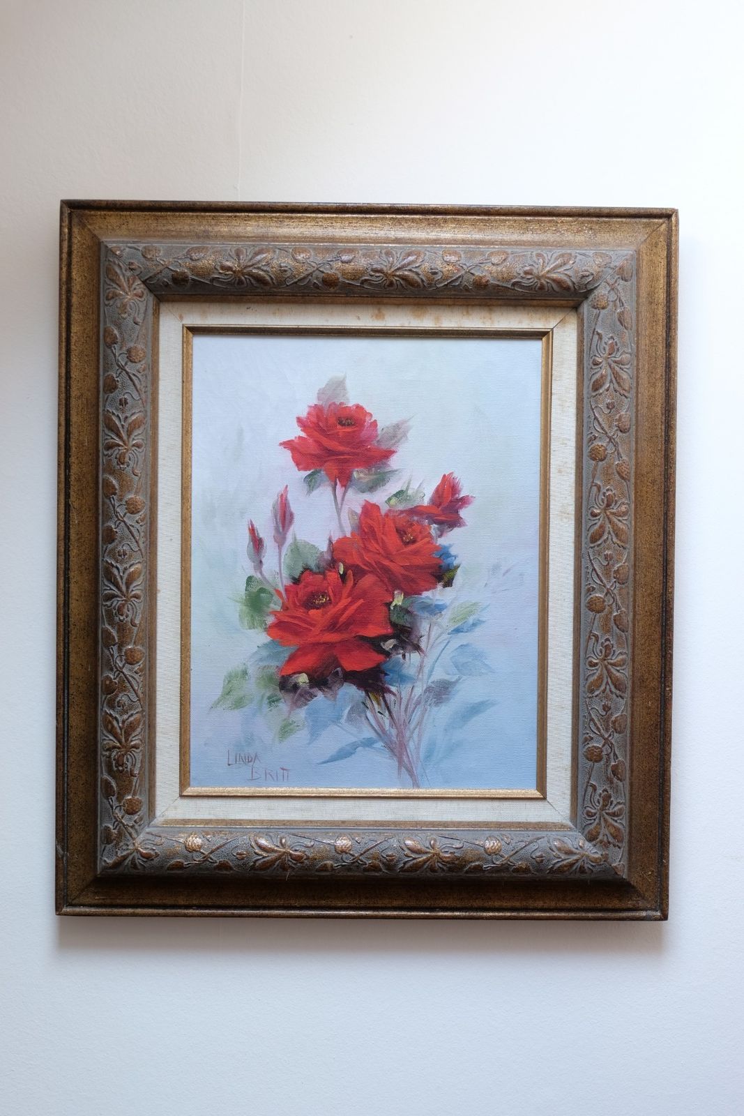 photo for sale Still Life Of Red Roses Oil On Canvas Signed Linda Britt