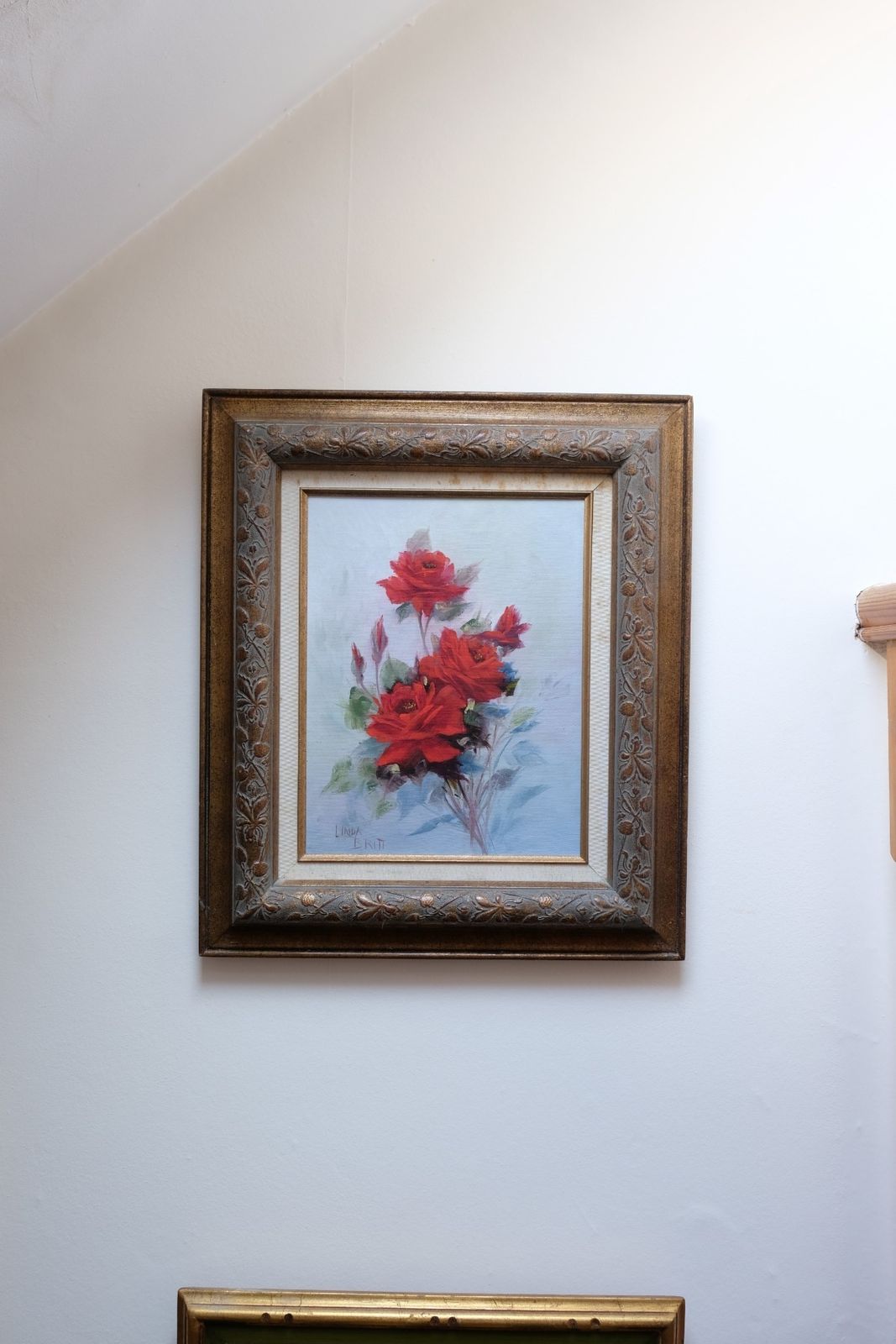 Art Still Life Of Red Roses Oil On Canvas Signed Linda Britt photo