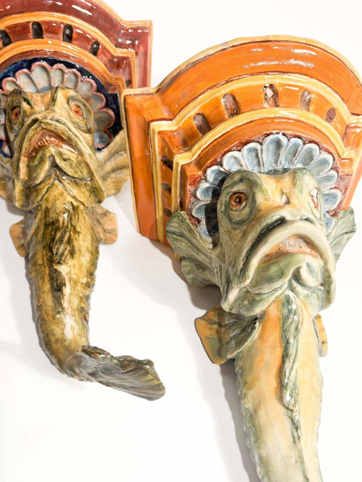 Pair Of Ceramic Shelves From Central Italy In The Shape Of A Fish, 19th Century photo vinterior