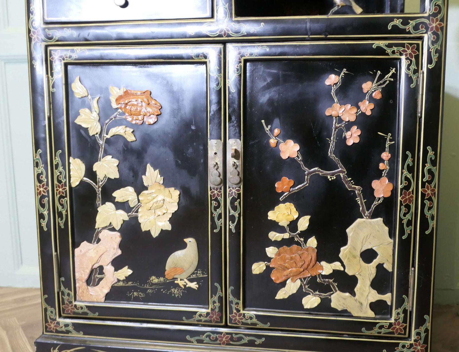 Pretty Black Chinoiserie Cupboard Decorated With Birds And Flowers photo vintage