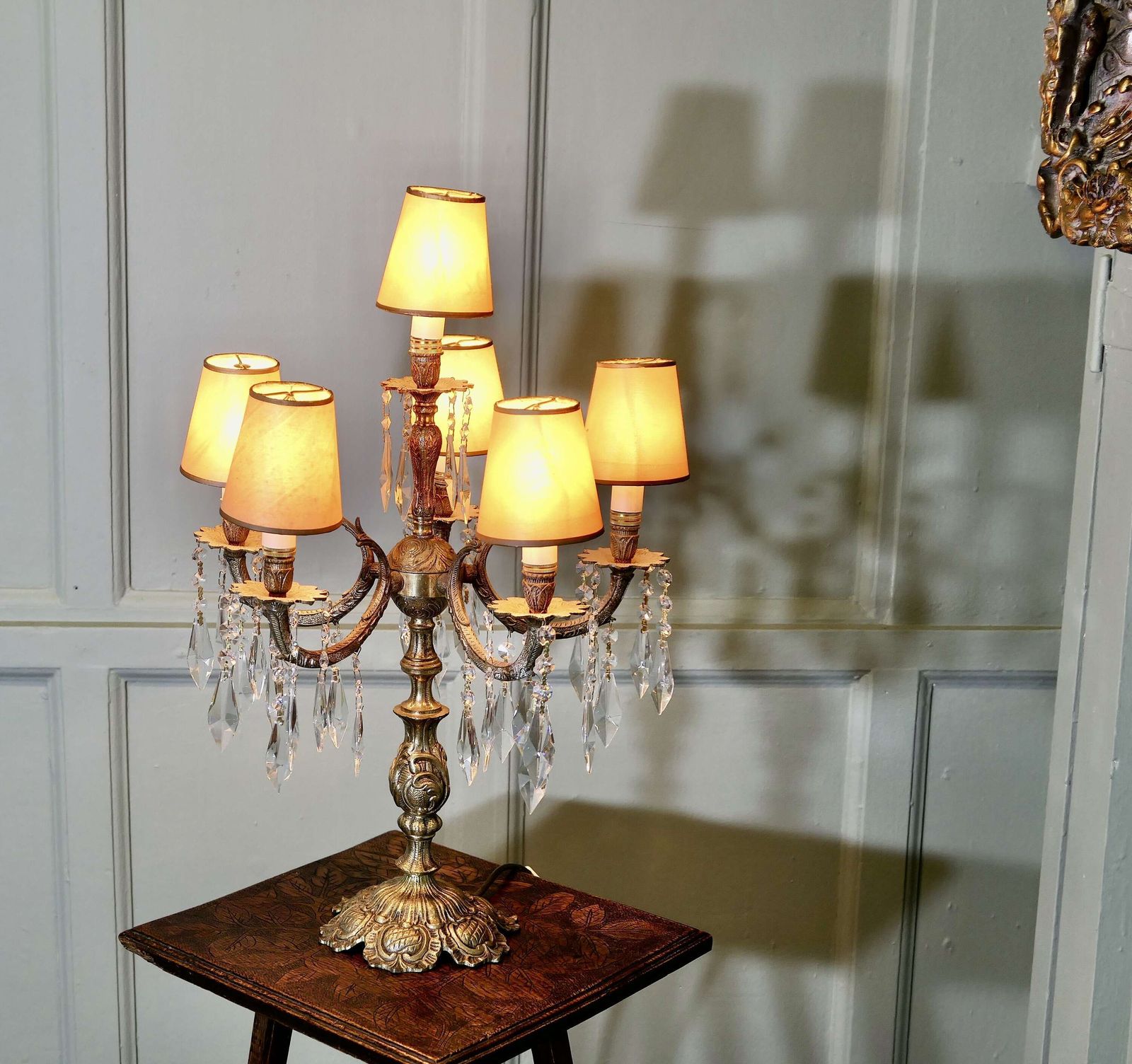 French Brass And Crystal 6 Branch Chandelier Table Lamp, Girandole photo for sale