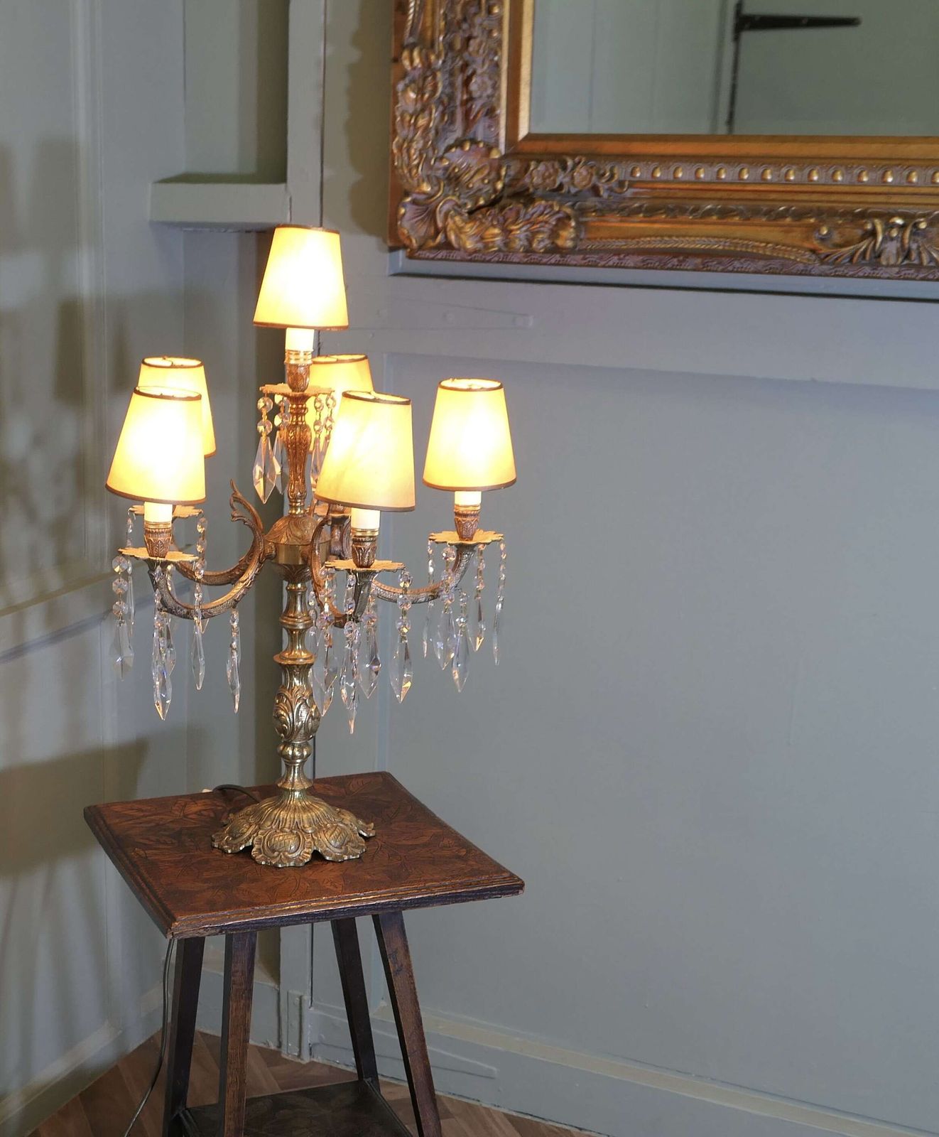 French Brass And Crystal 6 Branch Chandelier Table Lamp, Girandole photo vinterior