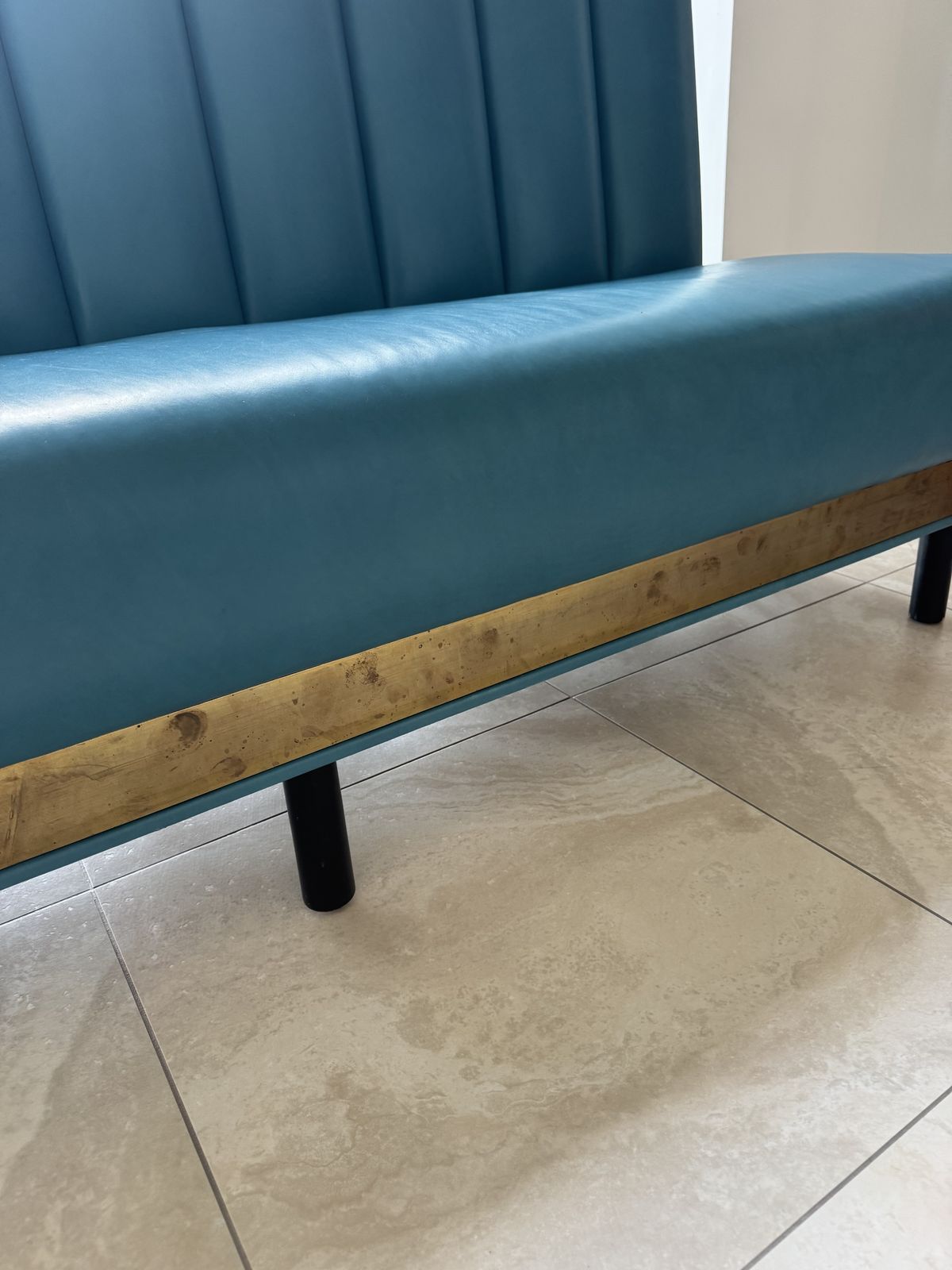 Retro Leather And Aged Brass Sofa In A Teal Colour Bought Originally From House Curious photo furniture