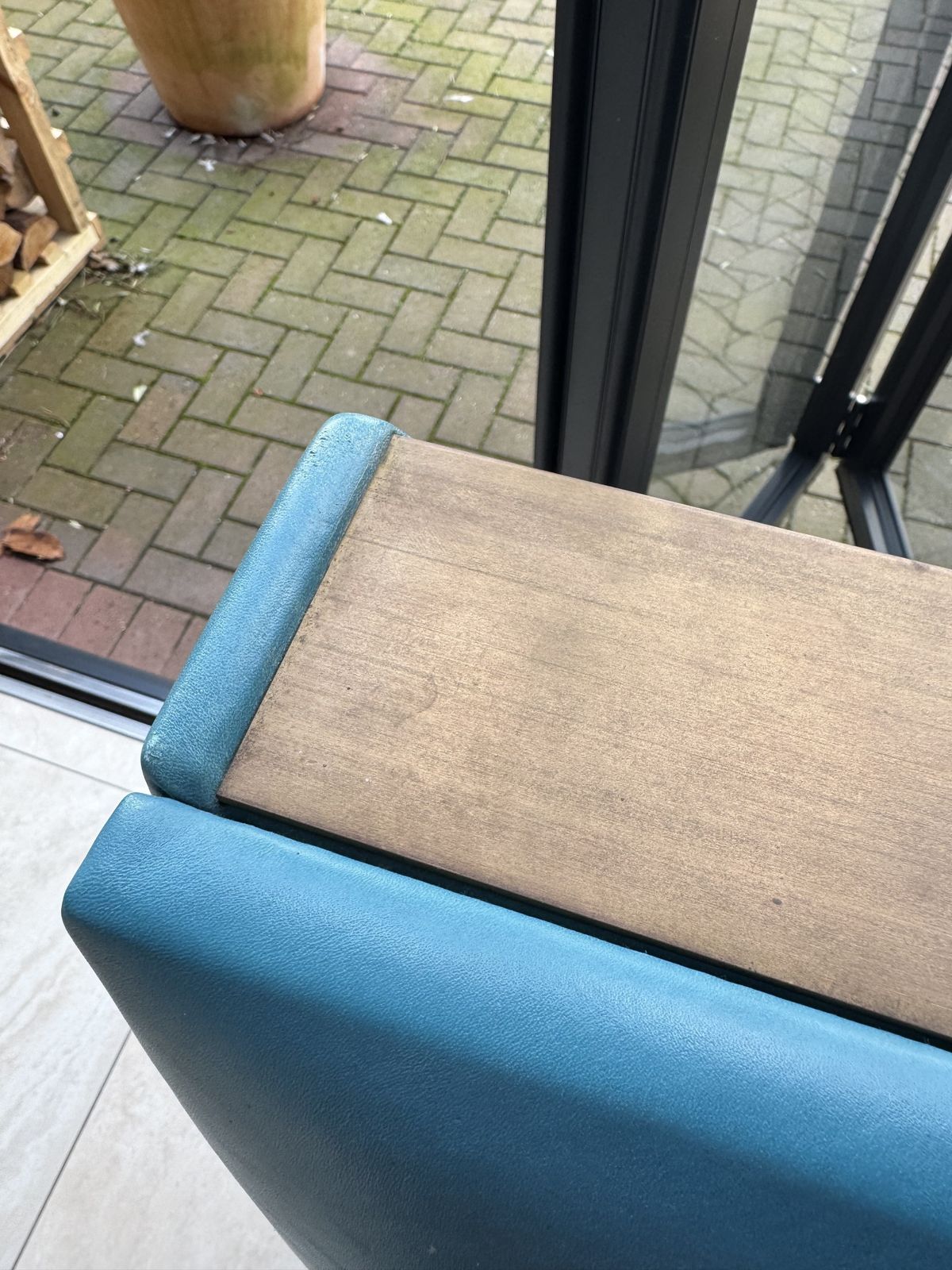 Retro Leather And Aged Brass Sofa In A Teal Colour Bought Originally From House Curious photo Furniture