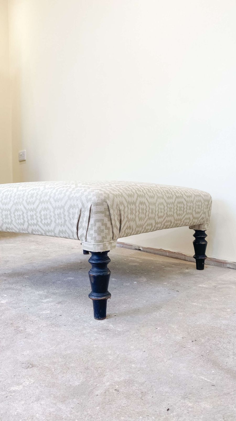 French Ottoman Footstool | Pouffe In Green Geometric Fabric With Ebonised Legs photo for sale