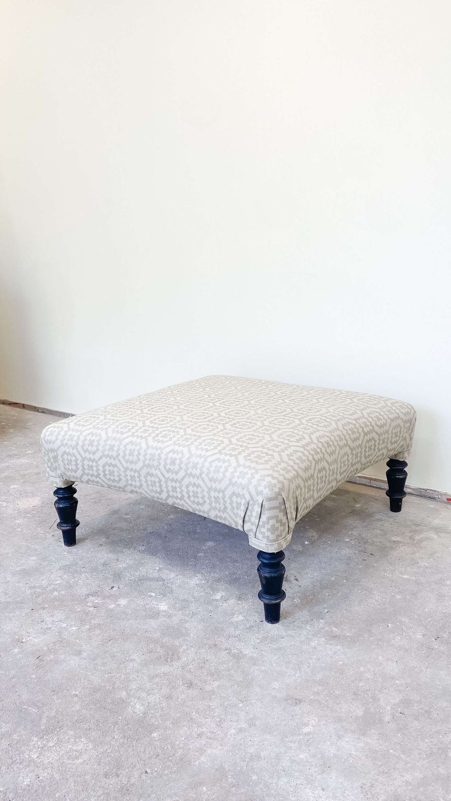 photo furniture French Ottoman Footstool | Pouffe In Green Geometric Fabric With Ebonised Legs