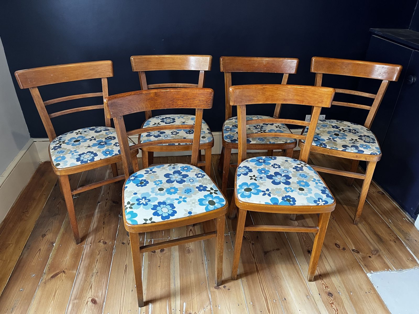 1960's Bistro Chairs With Cath Kidston 'Pop Flowers, Blue' Oil Cloth Fabric Seats photo furniture