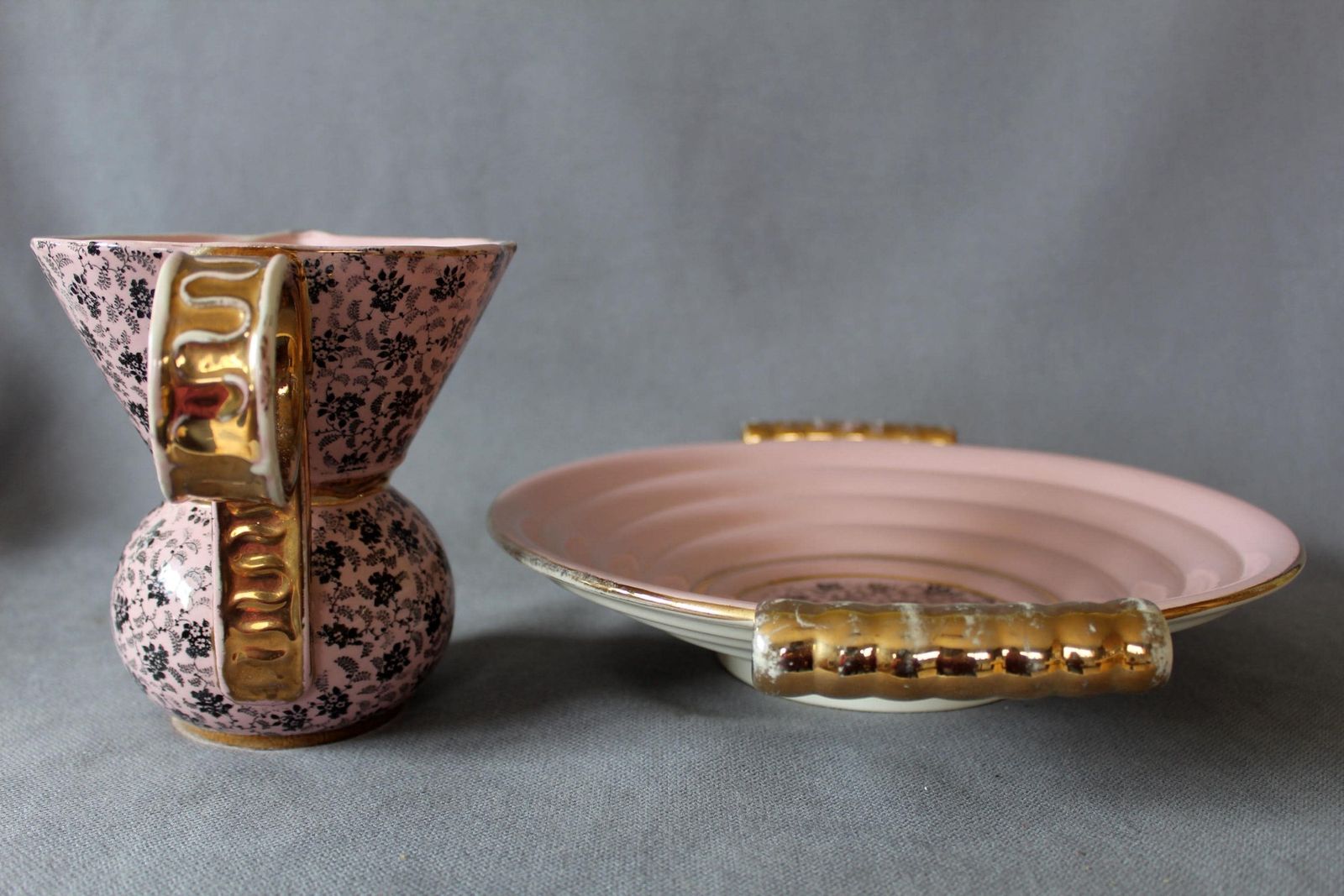 Set Van 2 Art Deco Raymond Chevallier, Boch Freres Keramis Grote Keramische Schaal En Kan, Middenstuk België, Zachtroze, Catteau Ca. 1938 photo vinterior