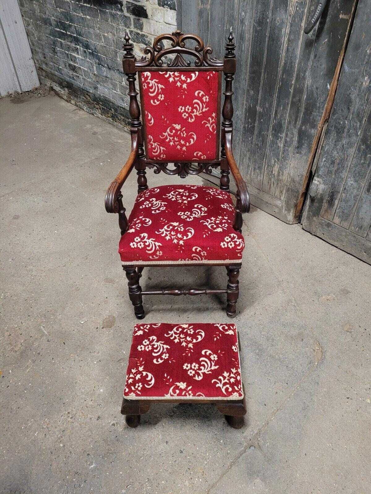 Antique 19th Century Victorian Upholstered Armchair And Footstool photo for sale