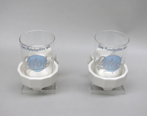Art Deco Odol Toothpaste Cup With Wall Holders In Ceramic & Glass, 1920s, Set Of 4