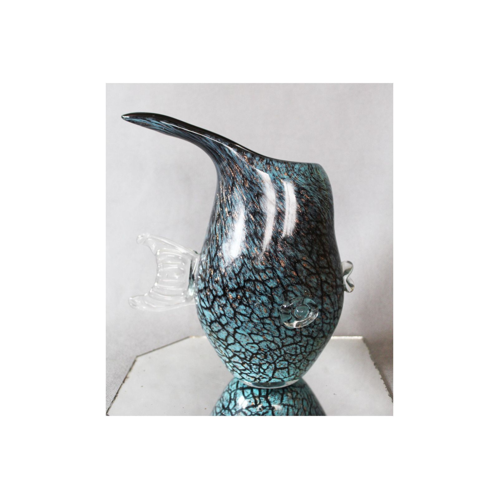 Large Vintage Art Glass Fish Shaped Vase, Fish Glass Sculpture, Aventurine Gold Flakes, Dark Blue, Hand Made, Glass Fish, Flattened Shape