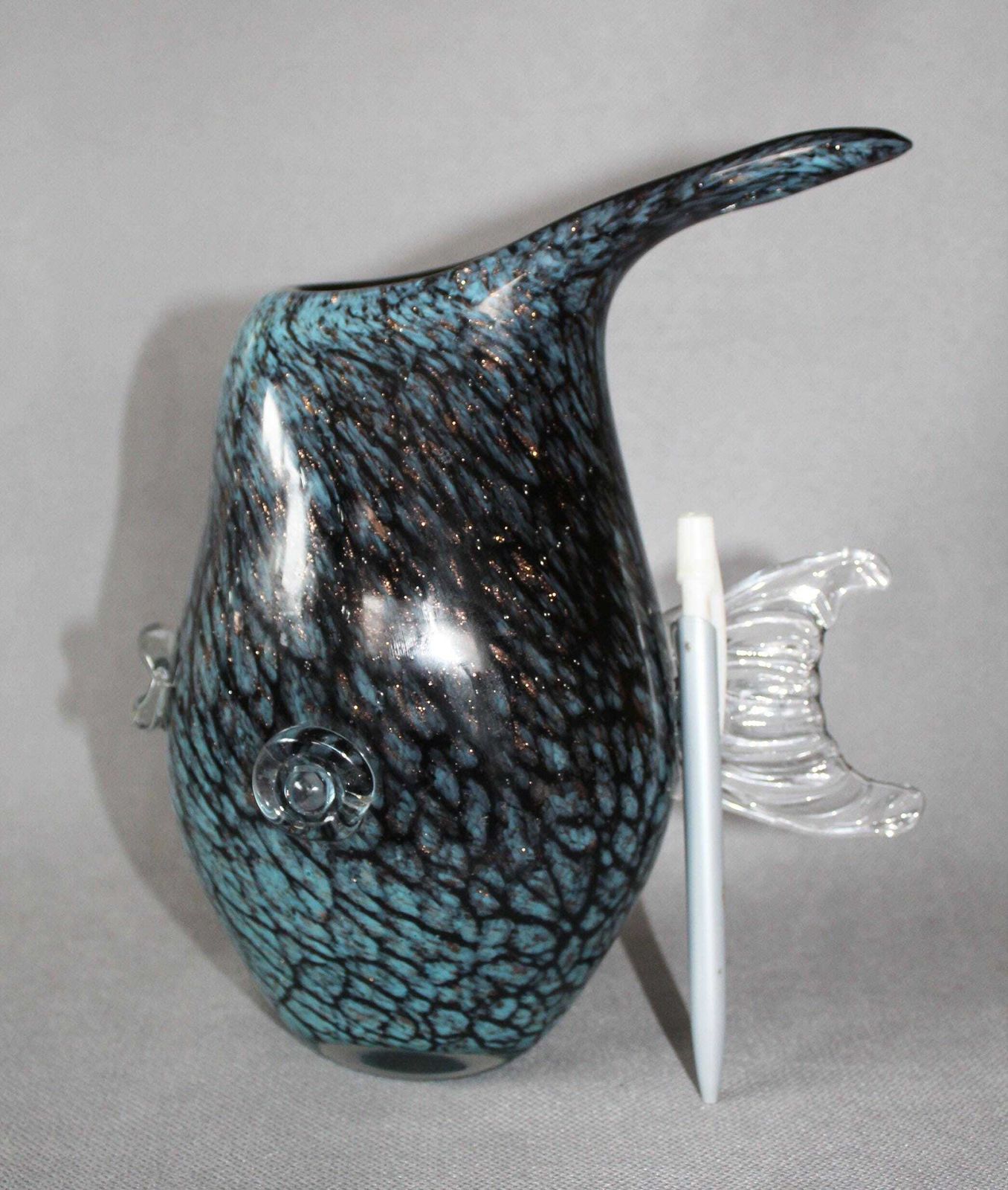 Large Vintage Art Glass Fish Shaped Vase, Fish Glass Sculpture, Aventurine Gold Flakes, Dark Blue, Hand Made, Glass Fish, Flattened Shape photo furniture