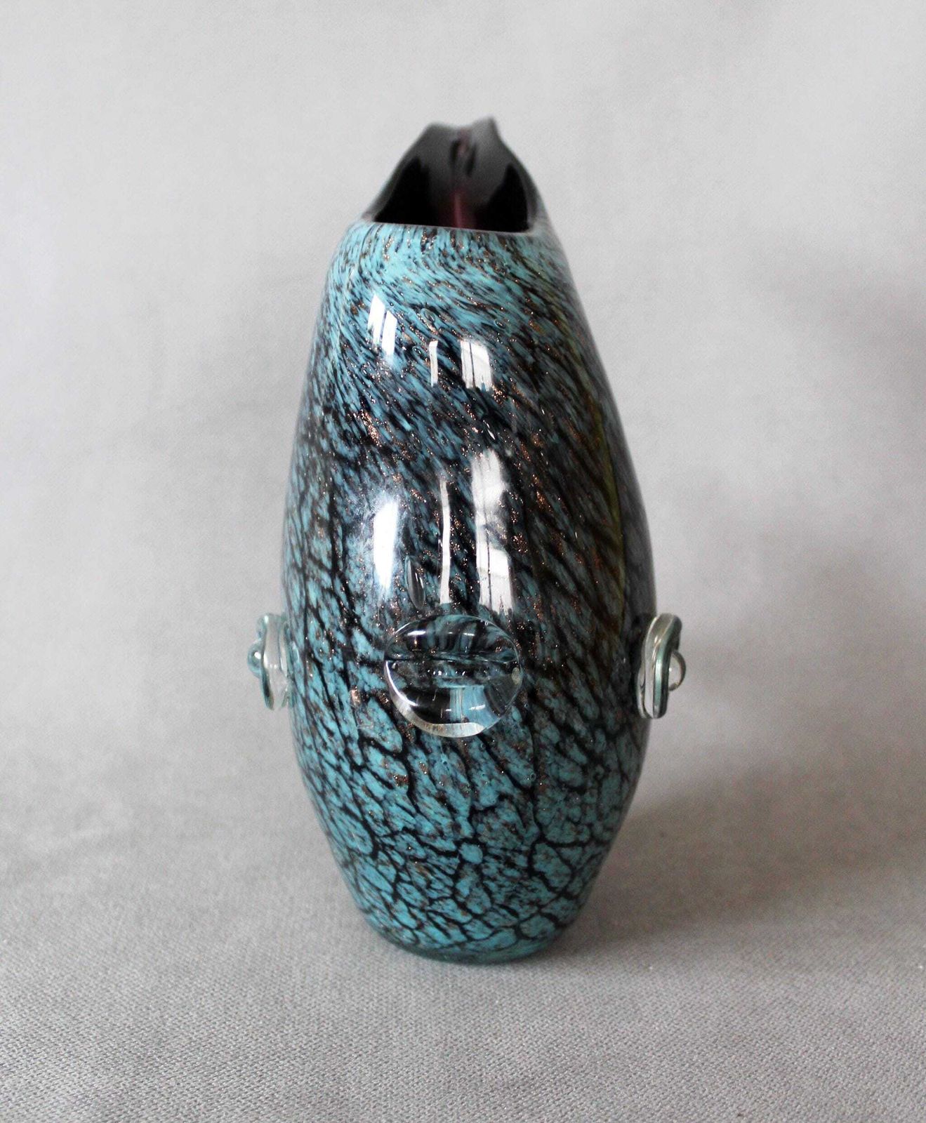Large Vintage Art Glass Fish Shaped Vase, Fish Glass Sculpture, Aventurine Gold Flakes, Dark Blue, Hand Made, Glass Fish, Flattened Shape photo Home Decor
