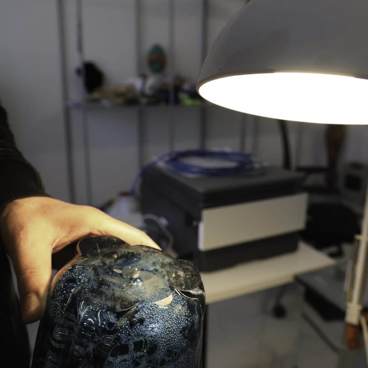 4065.0 Gemmated Marine Glass Vase, Ftb (Ferro, Toso, Barovier) Murano, 1930s. Acid Signature Ftb Murano Ars. photo