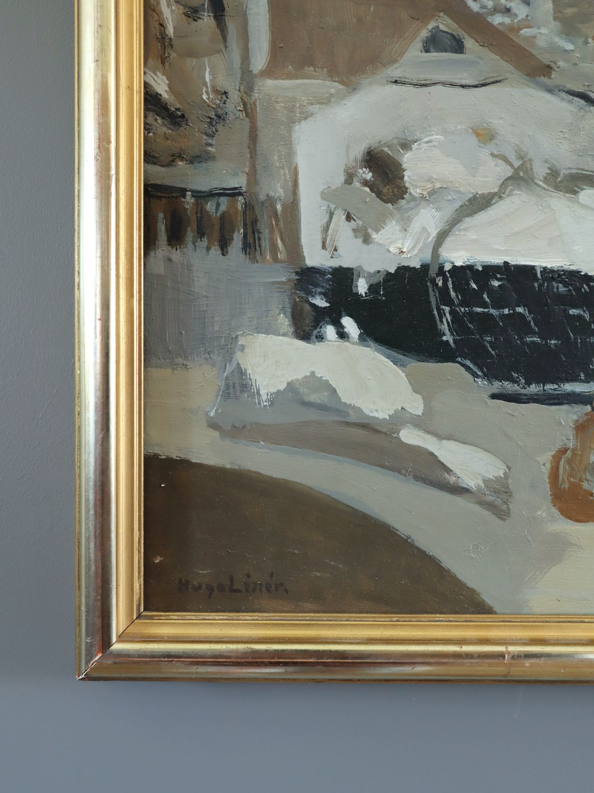 Snowy Rooftops  Oil Painting, Mid 20th Century photo buy